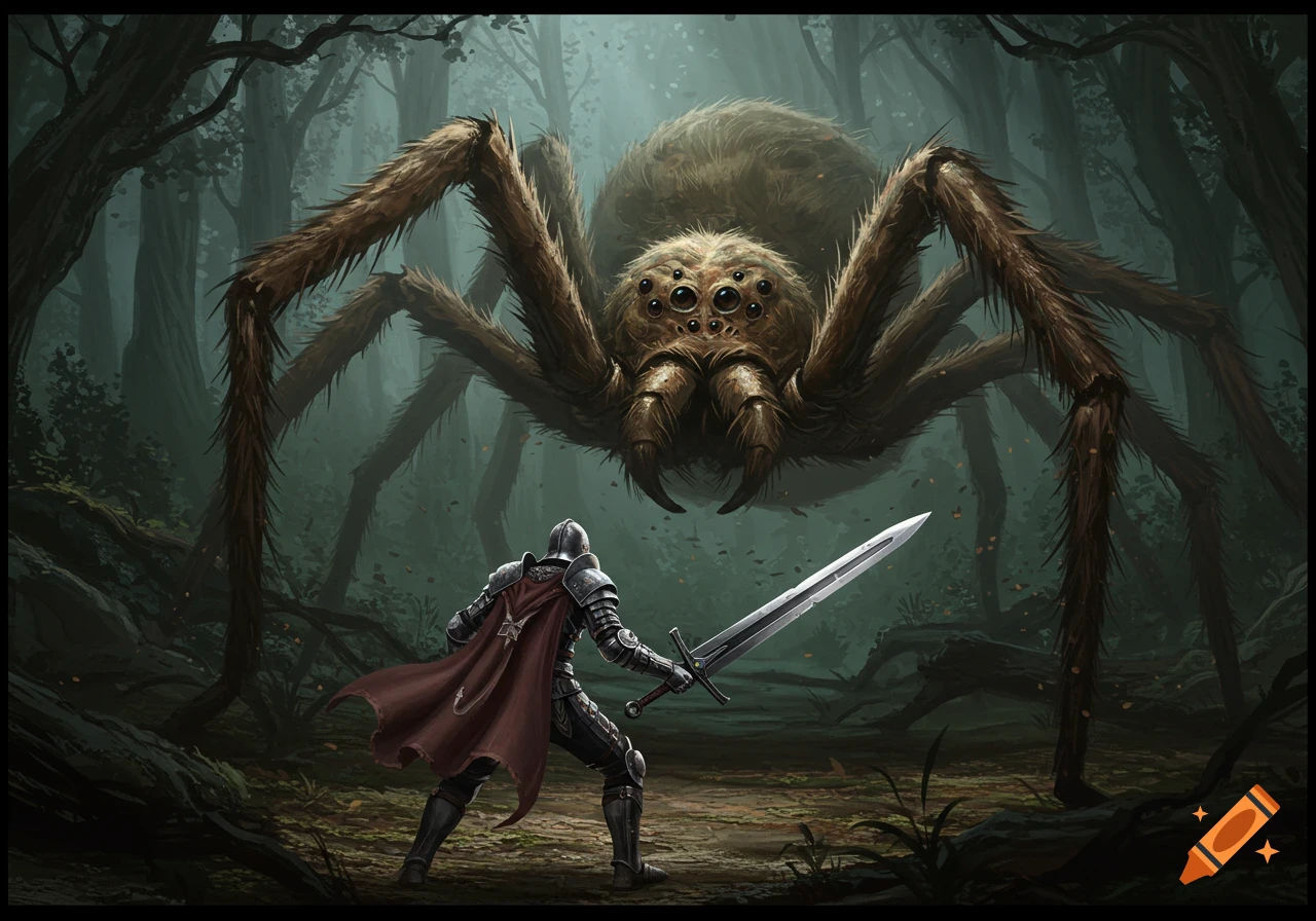 A knight in armor holding a sword faces a giant hairy spider in a dark, misty forest.