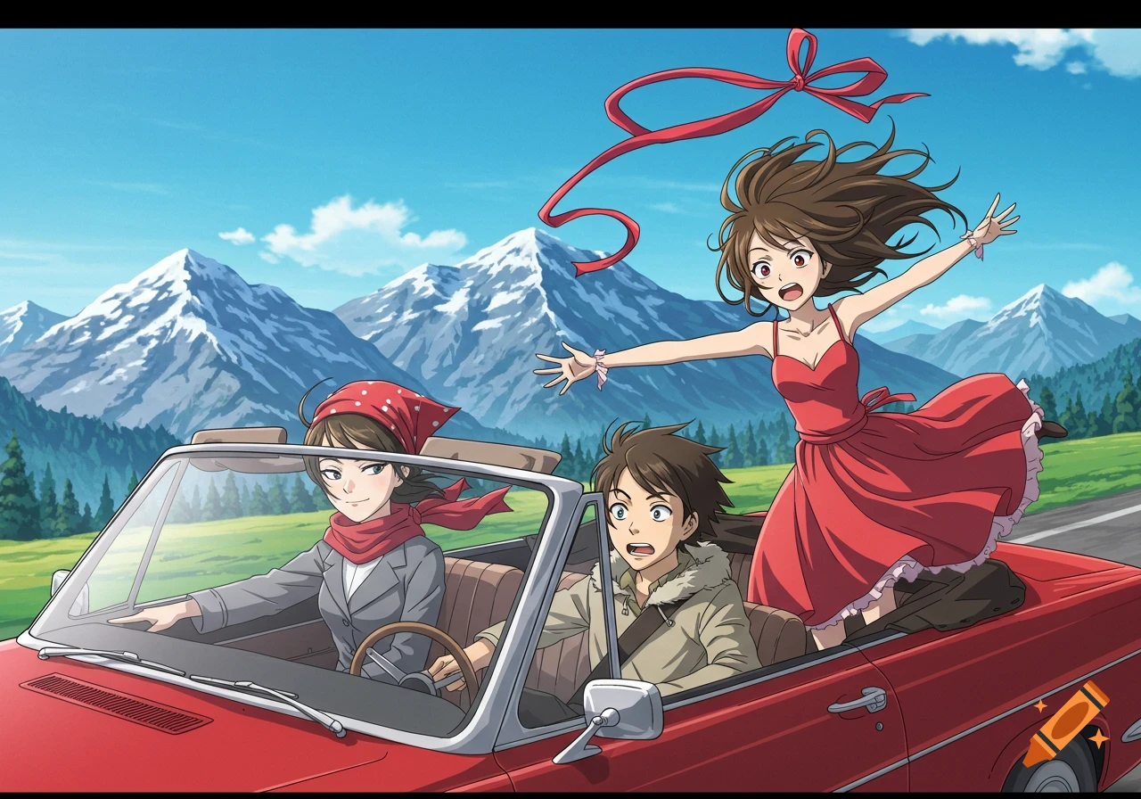 Three anime characters in a red convertible driving through a mountainous landscape. A girl drives, a boy looks surprised, and another girl stands excitedly in the back with a red ribbon flying above her.