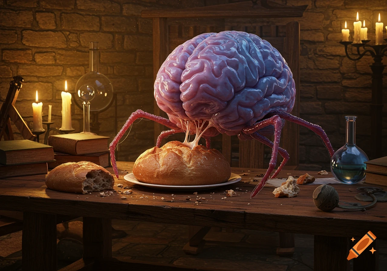 A giant pink brain with red spider legs eats a loaf of bread on a dark wooden table surrounded by books, candles, and flasks in a dimly lit room.