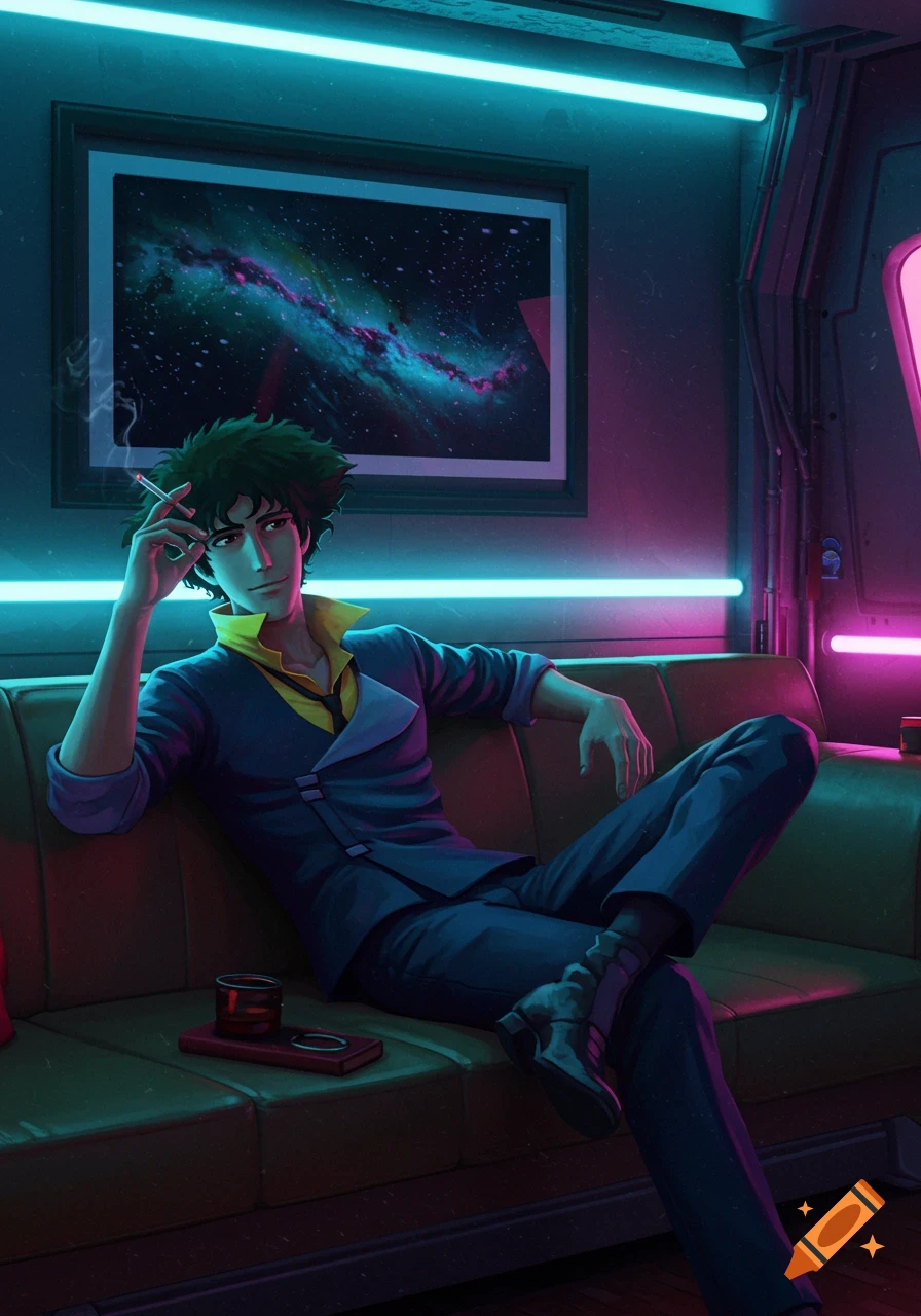 Anime character Spike Spiegel smoking and relaxing on a couch in a neon-lit room with a framed galaxy picture.