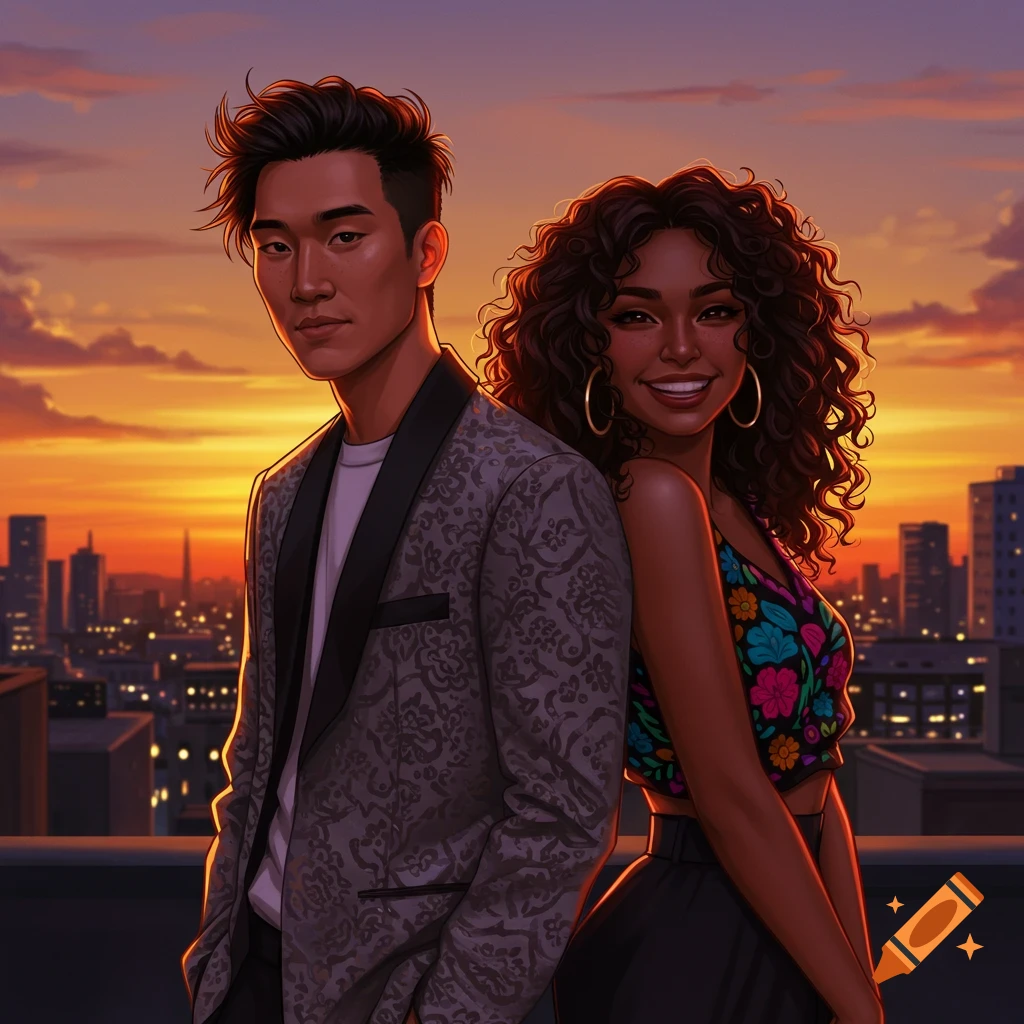 Stylized illustration of an Asian man and a Latina woman standing on a rooftop with a city skyline at sunset.