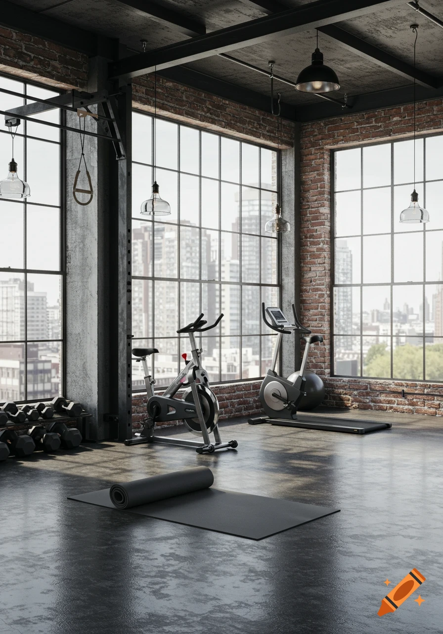 A modern industrial home gym with a spin bike, elliptical, dumbbells, and yoga mat, featuring large windows overlooking a city.