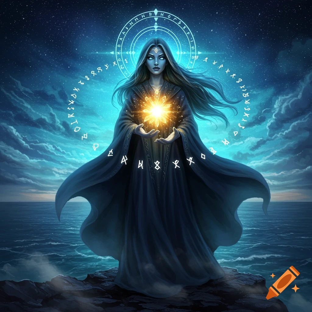 A mystical woman in a dark robe stands on a rock by the sea under a starry sky, holding a glowing orb with runes around her head.