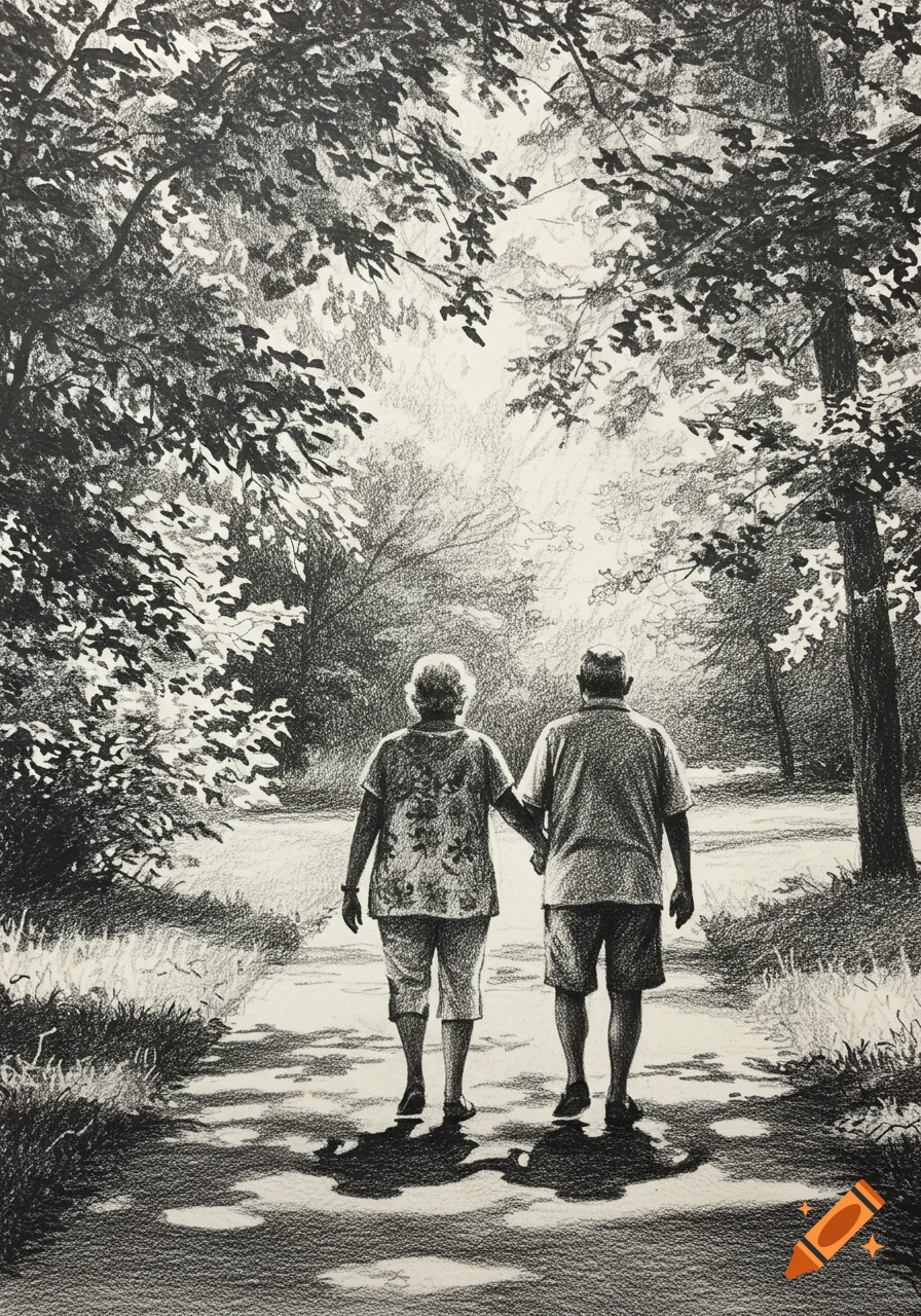 Sketch of an elderly couple holding hands, walking away on a sunlit path through a forest.