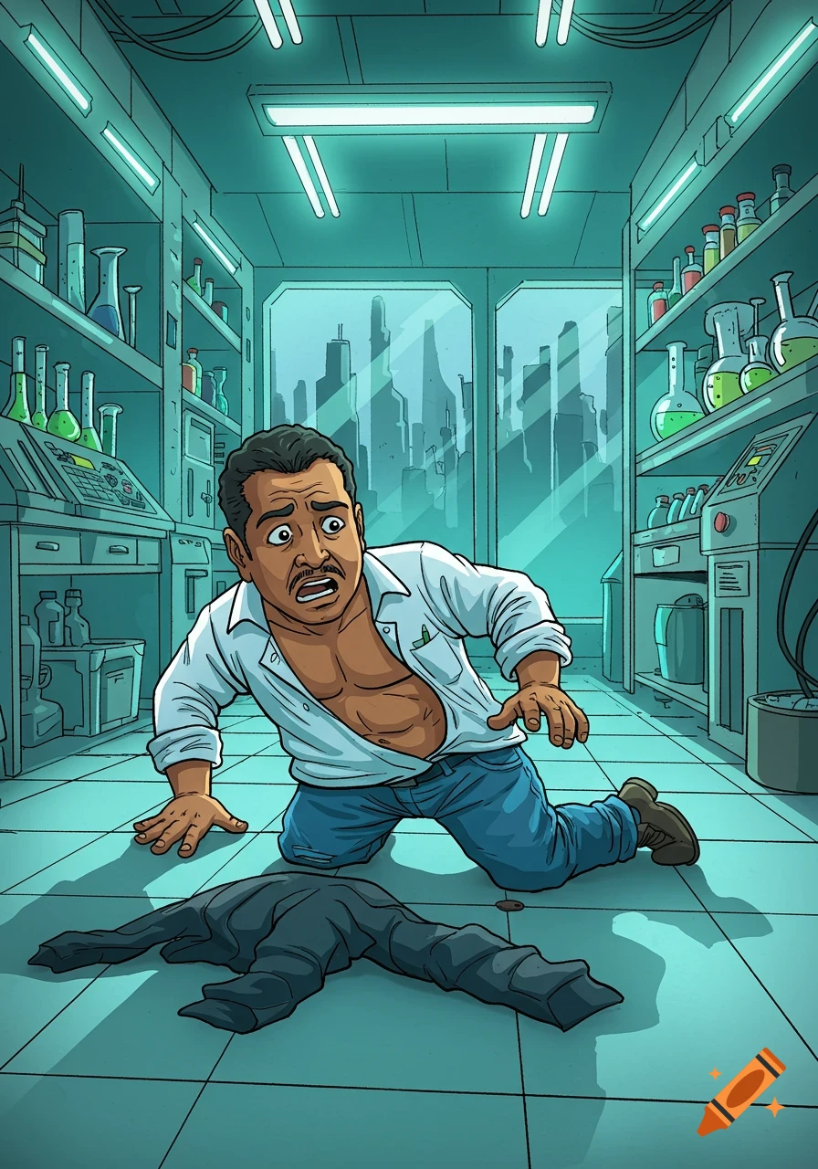 A Latino man with an open shirt and worried expression crawls on the floor of a laboratory, having shrunk out of his clothes.