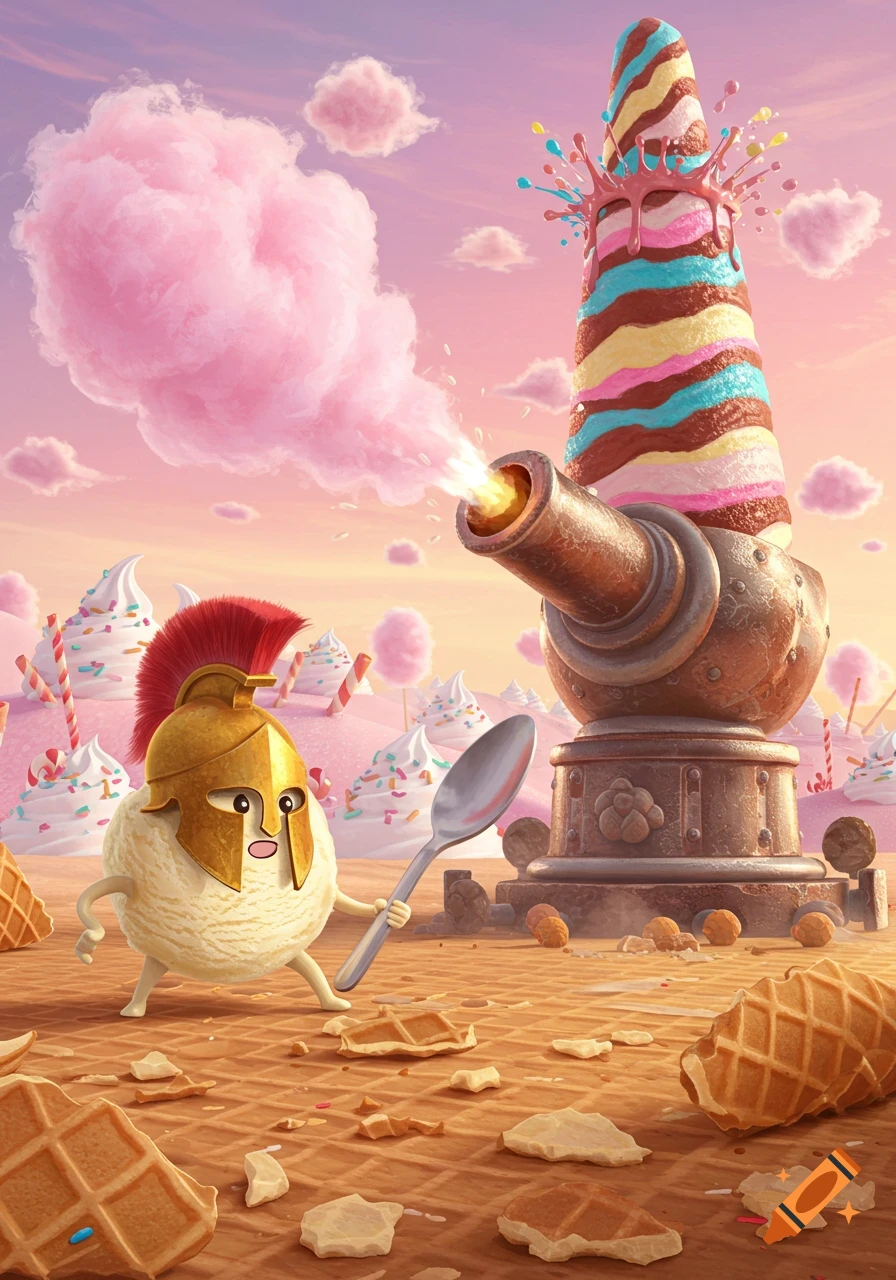 A whimsical vanilla ice cream scoop warrior in a Spartan helmet and spoon faces a giant ice cream cone cannon firing pink smoke on a waffle battlefield.