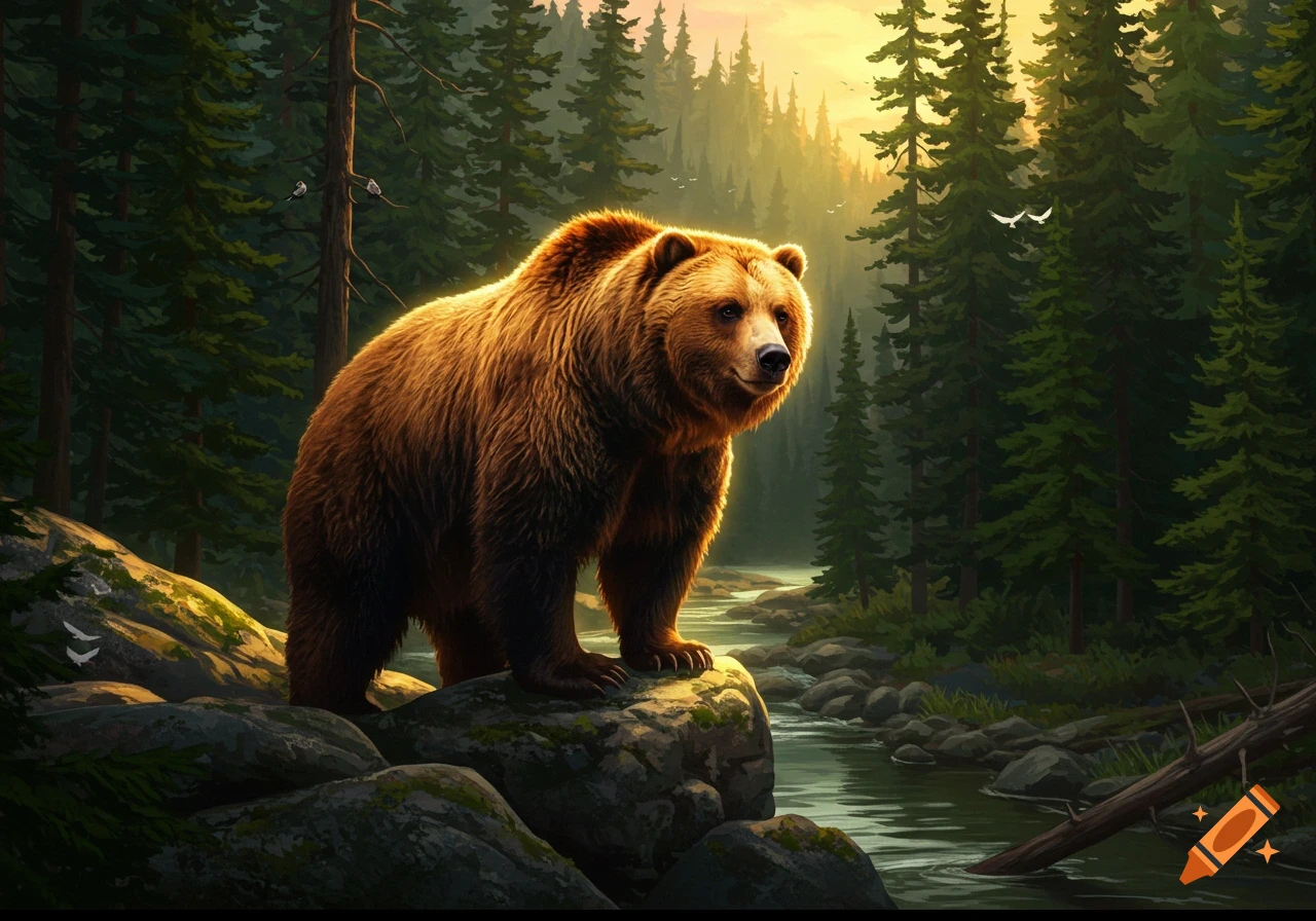 A brown bear stands on rocks beside a river in a sunlit pine forest.