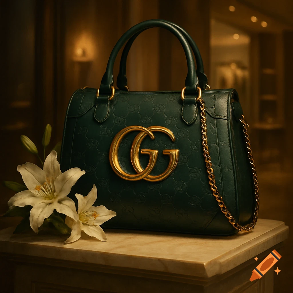 A dark green luxury handbag with a prominent golden GG logo and a gold chain, displayed next to white lilies on a marble surface.
