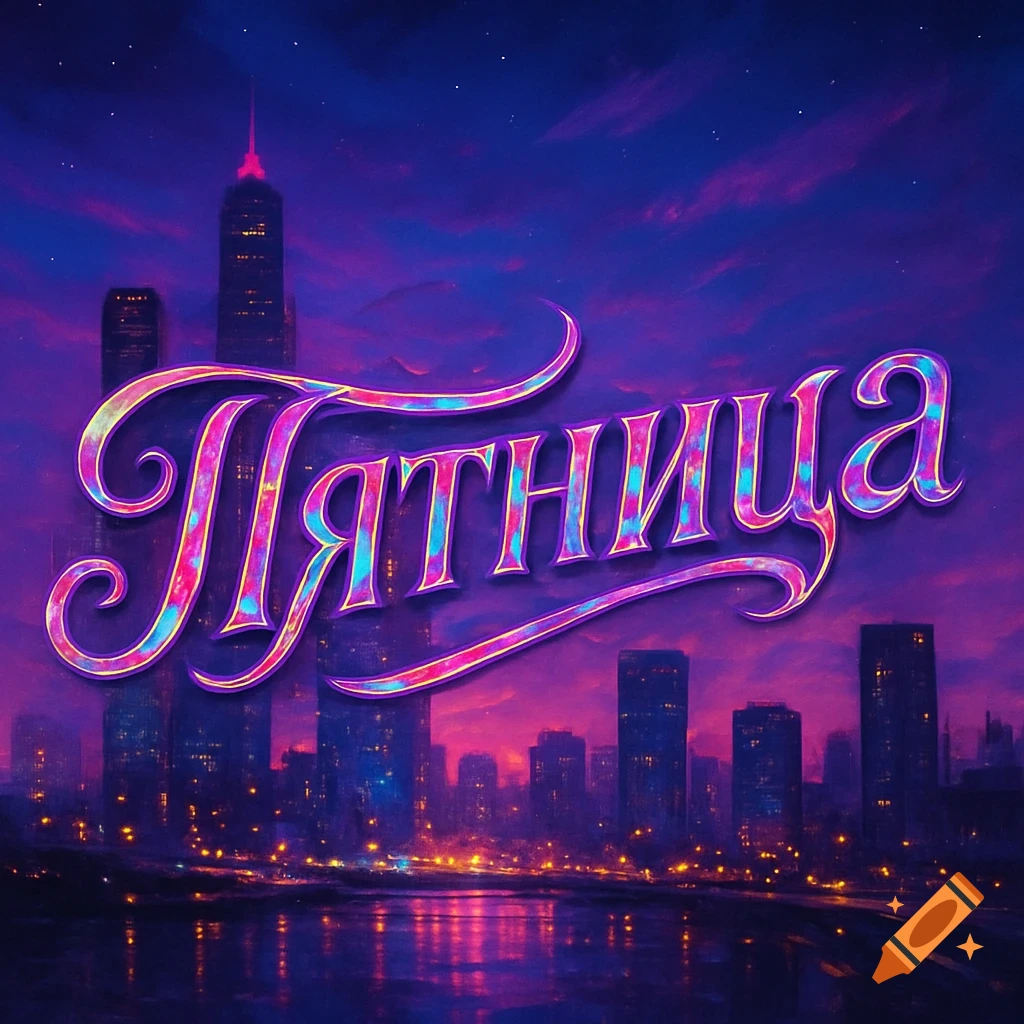 Stylized neon lettering of 'Пятница' (Friday) over a vibrant purple and blue city skyline at night.
