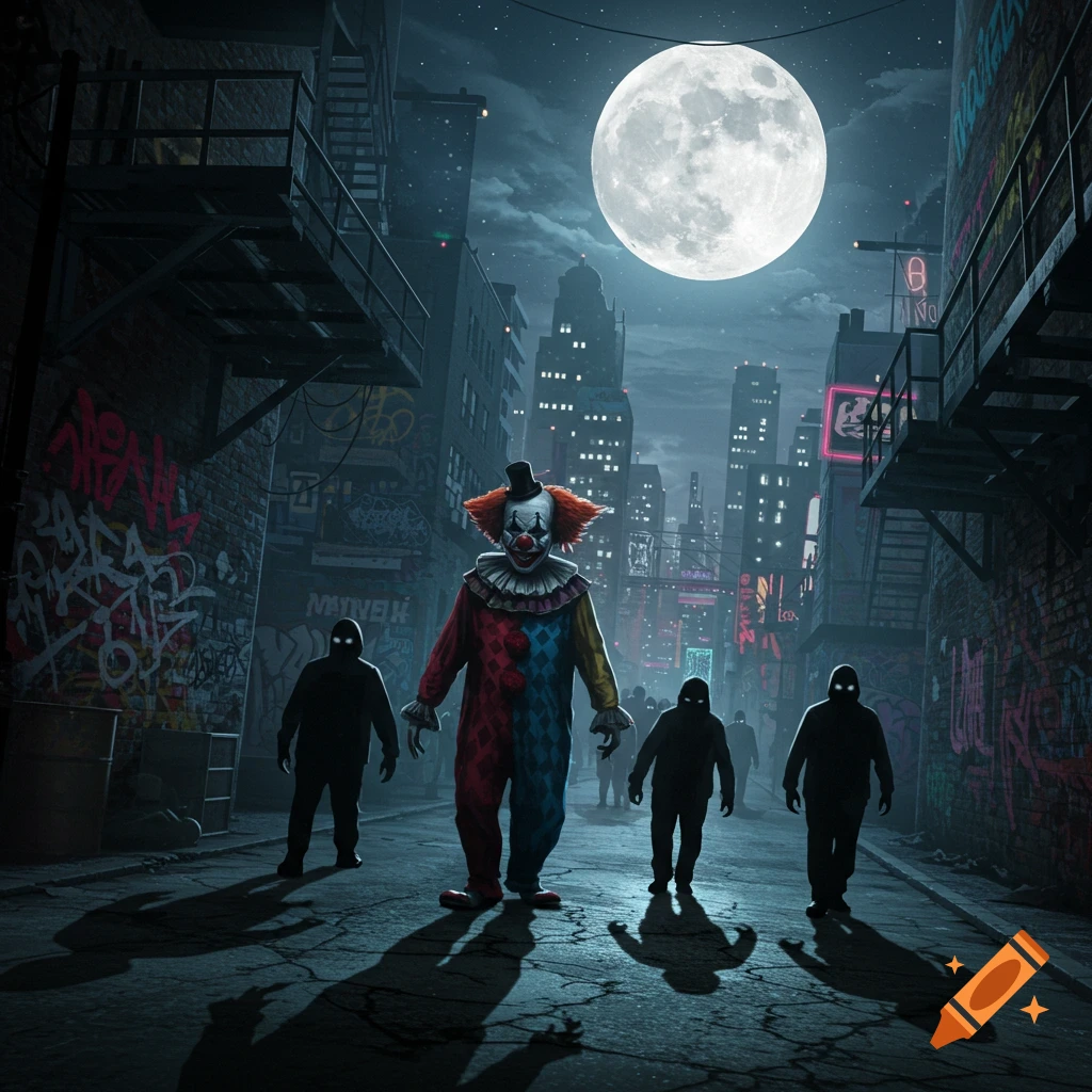 A scary clown in a dark city alley at night under a full moon, accompanied by shadowy figures.