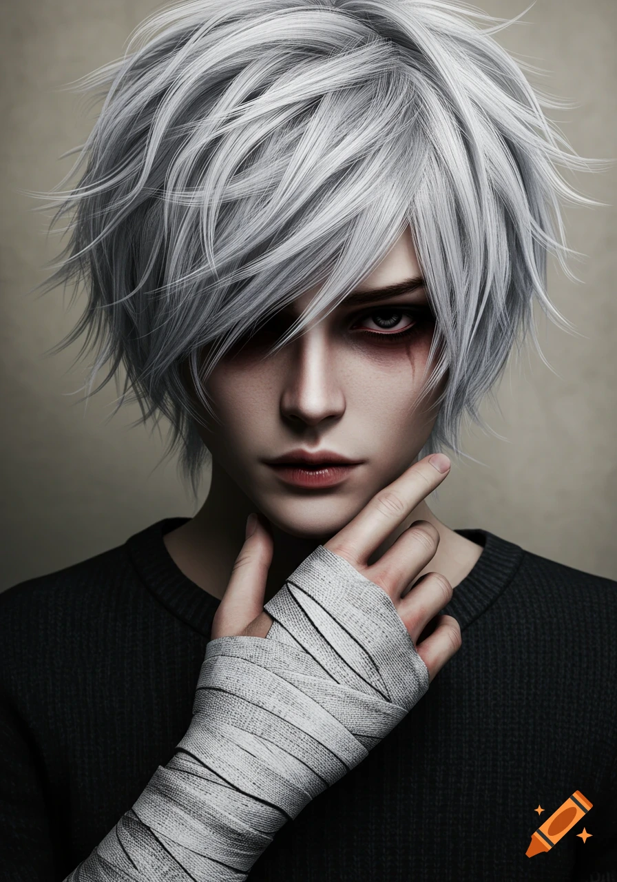 Close-up portrait of an emo anime boy with messy white hair, tired eyes, and a bandaged hand, wearing a black sweater.
