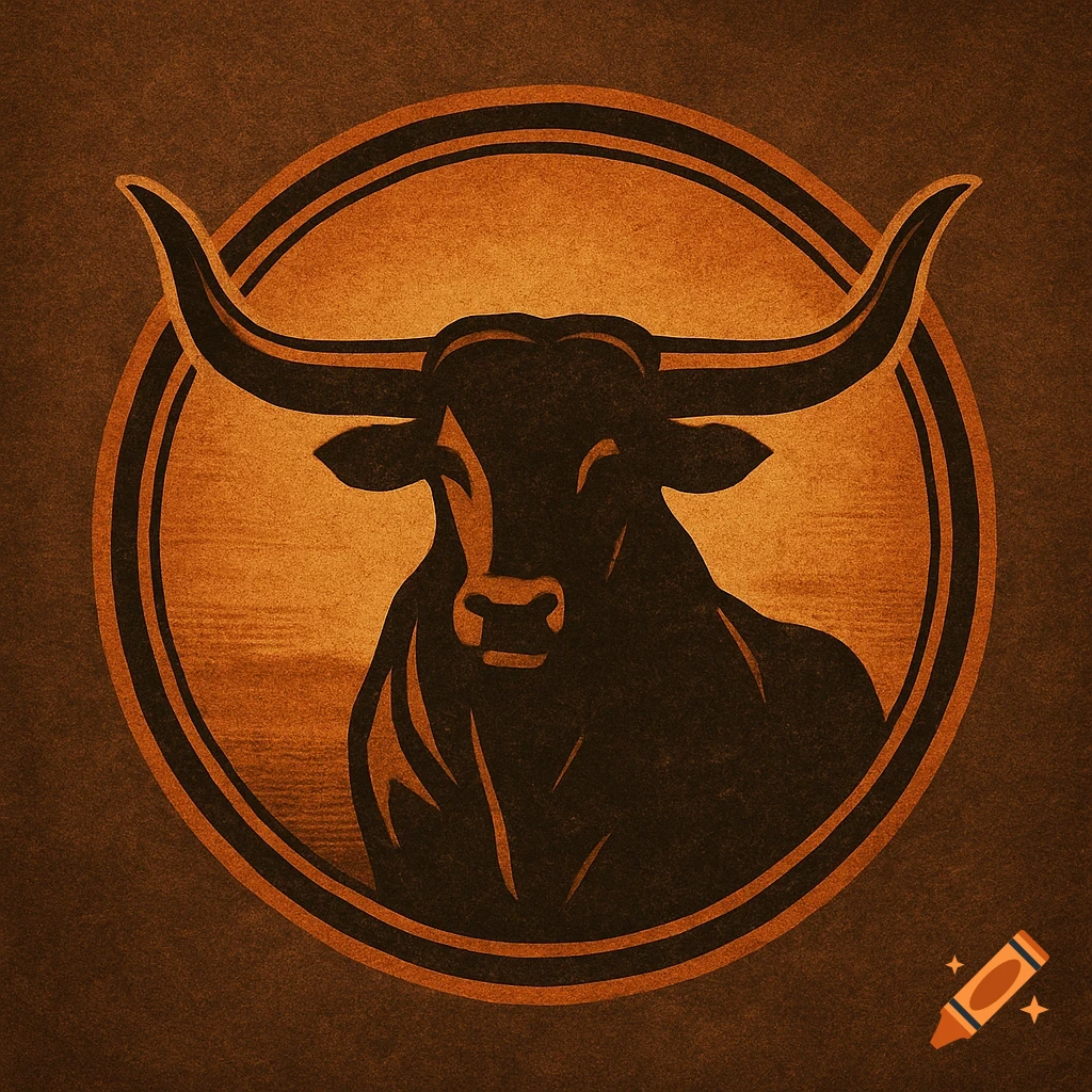 A stylized bull's head logo in dark brown and orange, encircled by a double ring on a textured, rustic background.