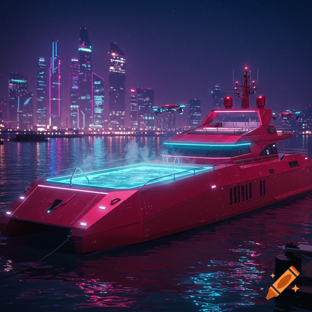 A red cyberpunk yacht with a glowing blue pool and neon lights, docked in front of a futuristic city skyline at night.