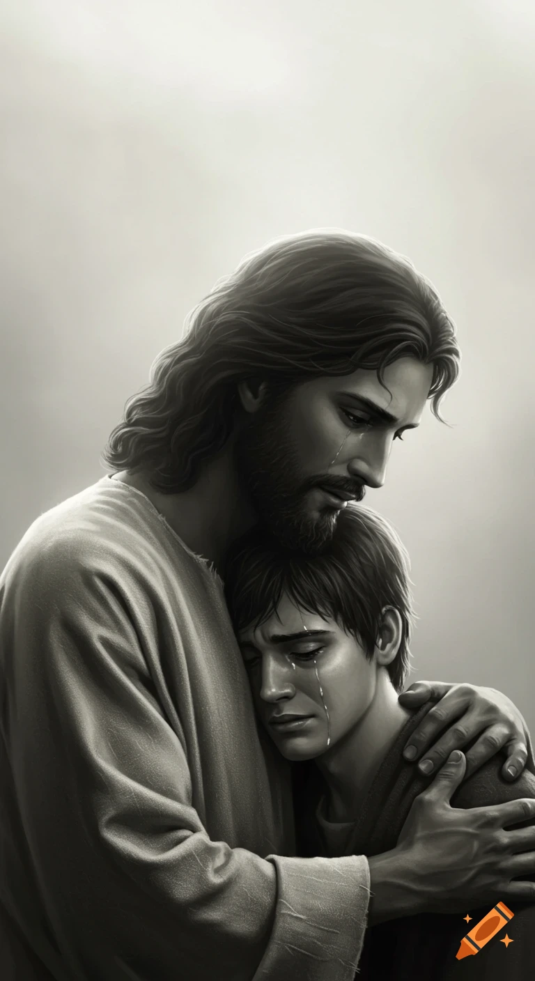 Grayscale illustration of Jesus embracing a crying young man, both with tears, depicting comfort.