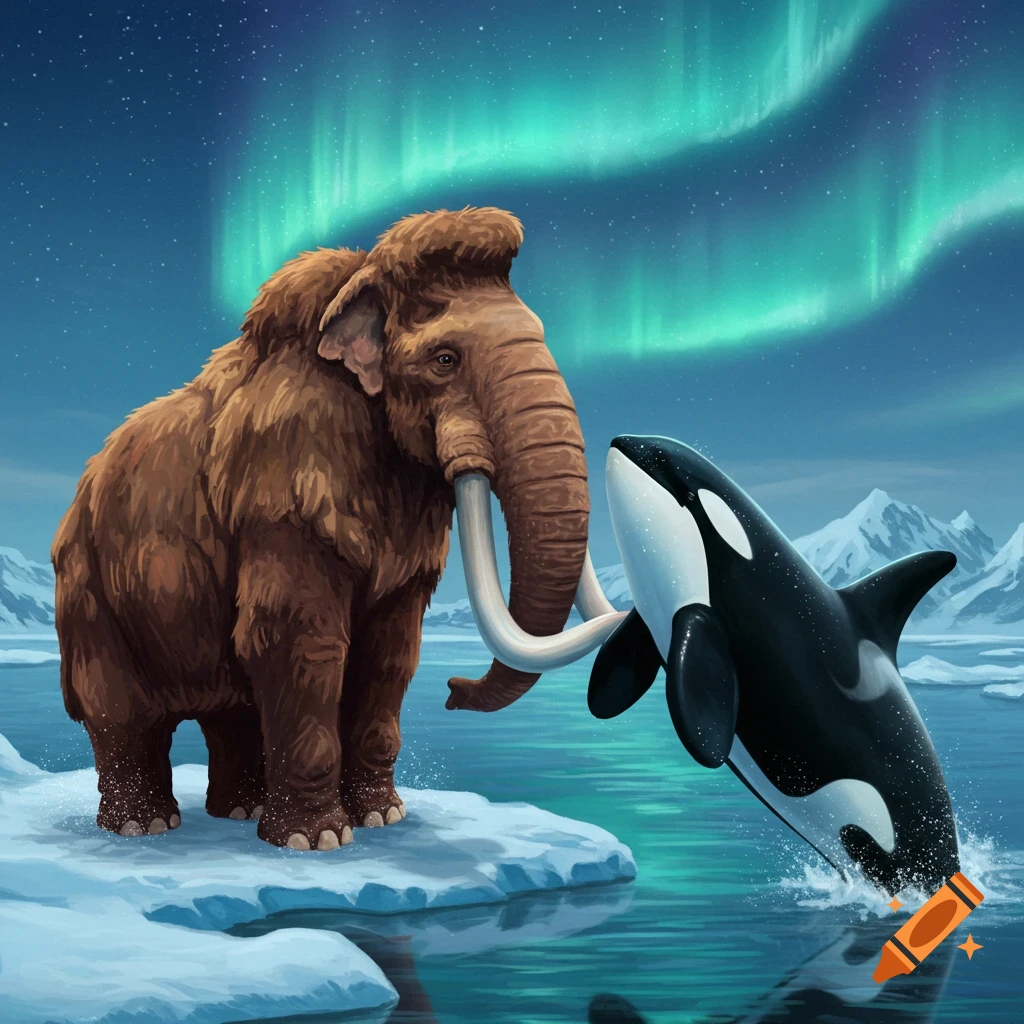 A woolly mammoth on an ice floe and an orca jumping from water under the aurora borealis.