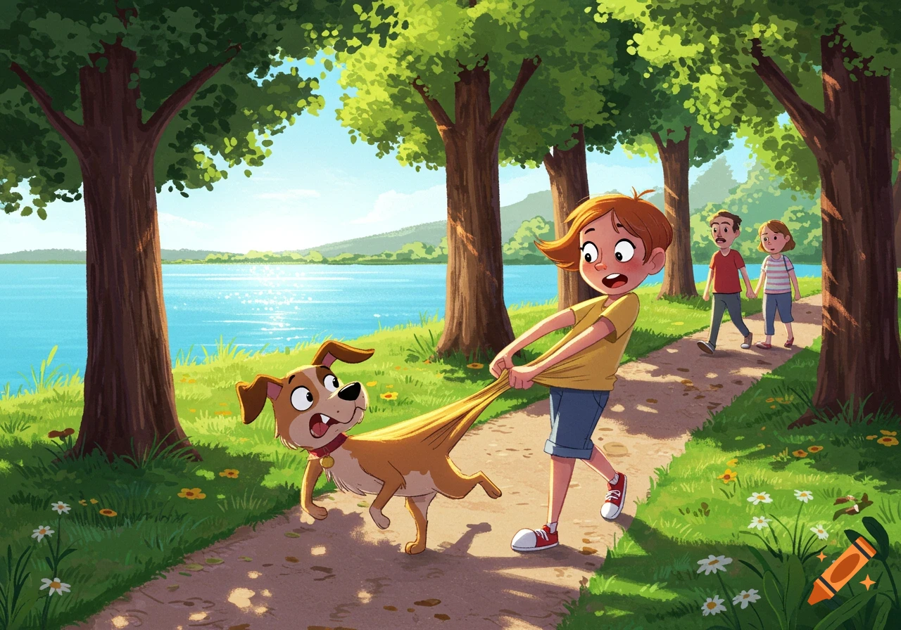 Cartoon illustration of a boy trying to hold back his dog by its shirt on a path by a lake, with two adults walking behind them.