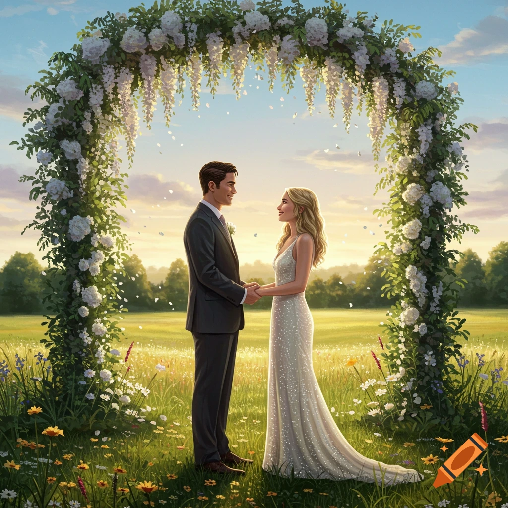A couple holds hands under a white floral arch in a sunny wildflower field, gazing at each other in an illustrative style.