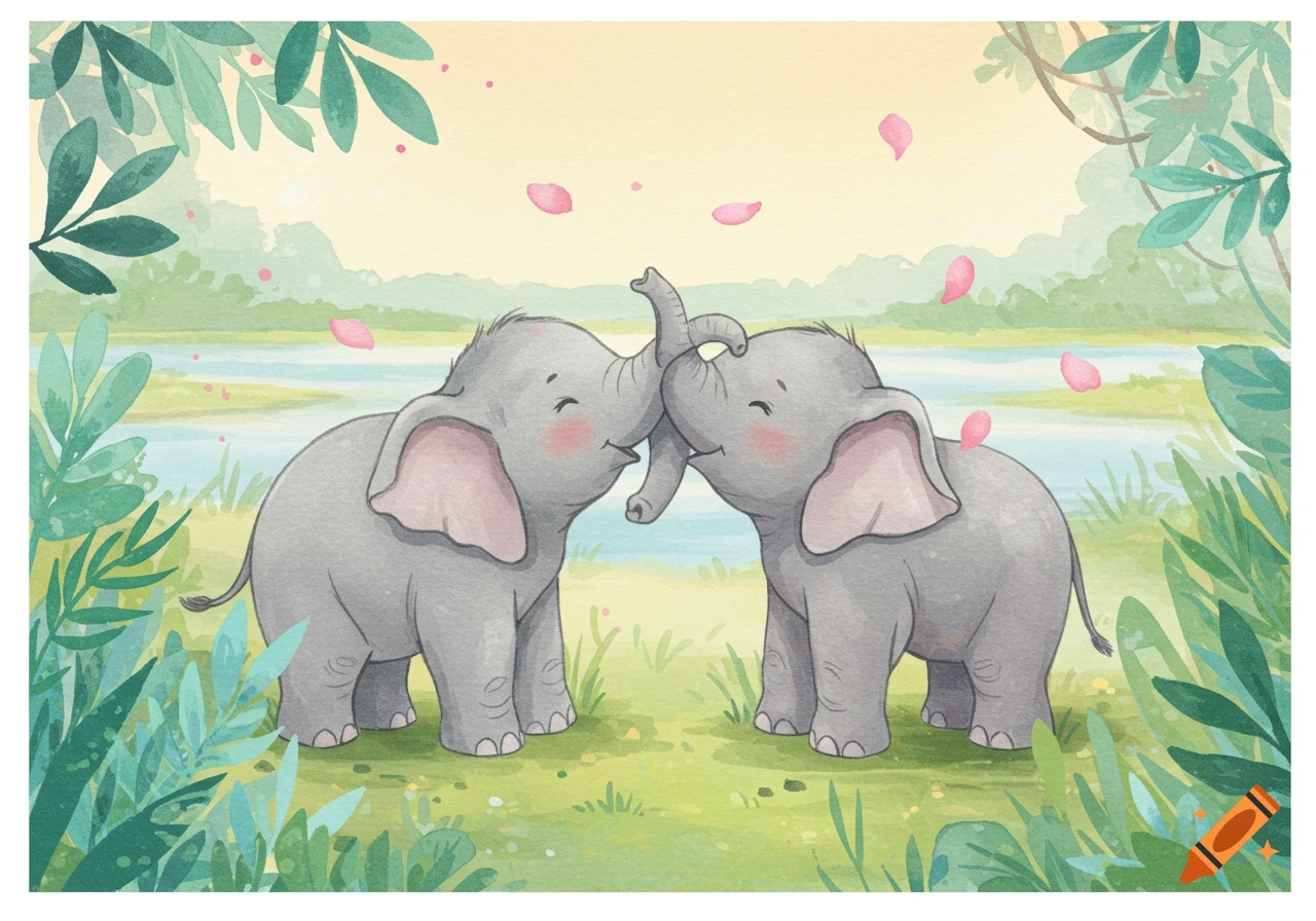 Two cute watercolor elephants hug amidst falling pink petals in a lush green landscape by a river.