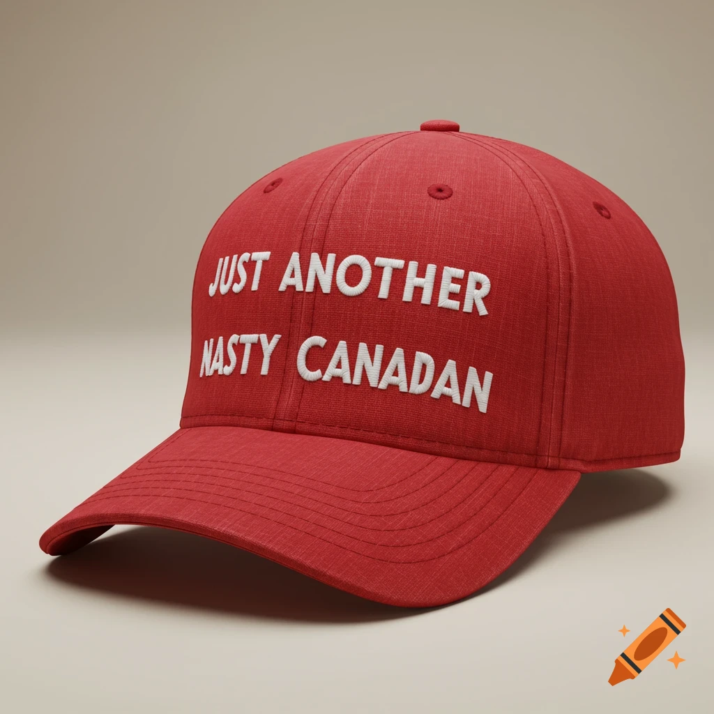 A red baseball cap with white raised text that reads "JUST ANOTHER NASTY CANADIAN".