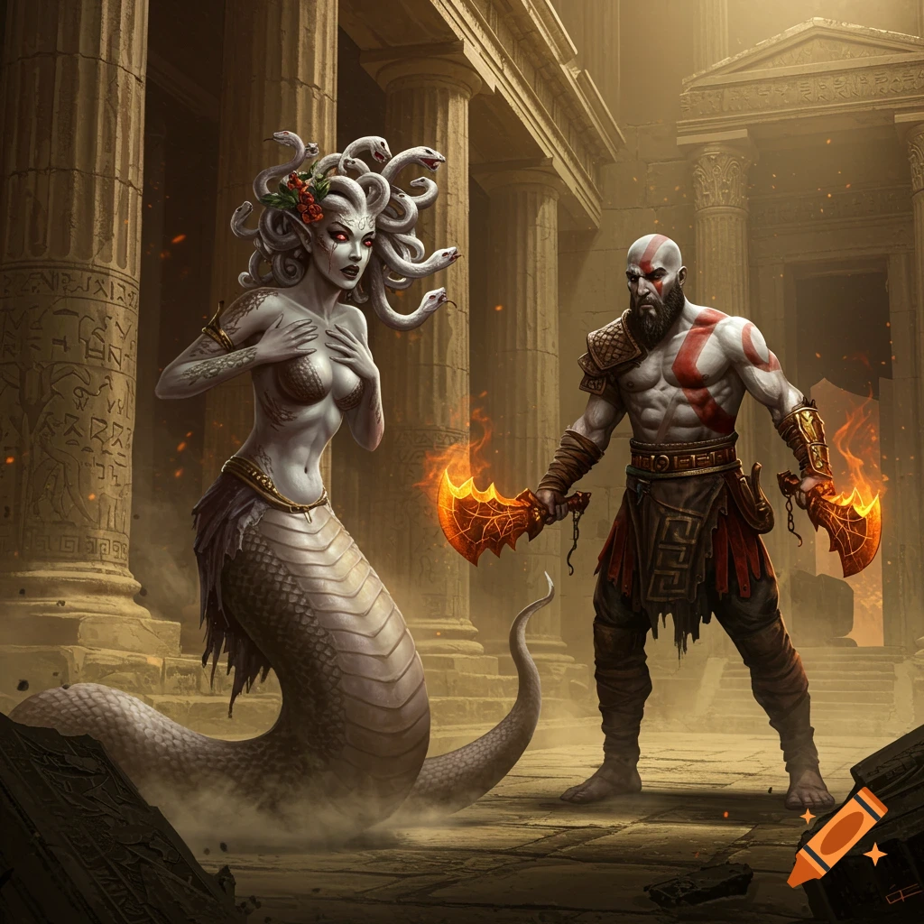 Kratos, with flaming axes, stands before a Medusa-like Gorgon with a snake tail in ancient ruins.