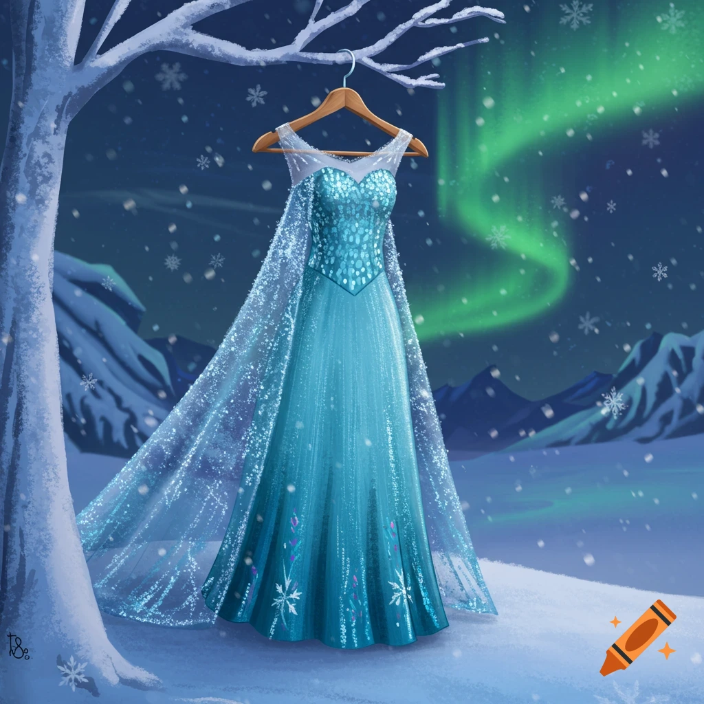 A sparkling blue Elsa dress hangs on a tree branch in a snowy winter landscape with the aurora borealis.