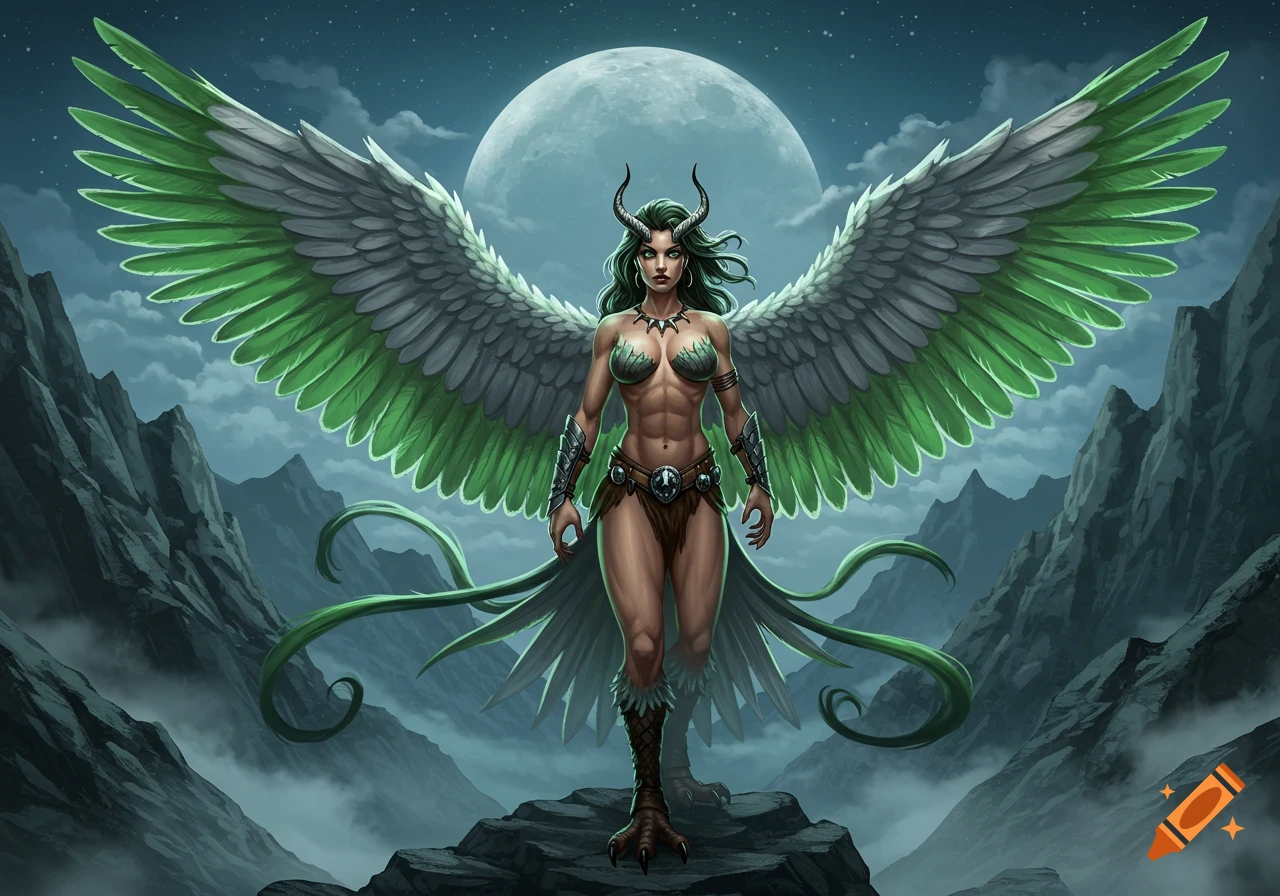 Muscular winged harpy-like woman with green hair and horns stands on a mountain under a full moon, digital art.