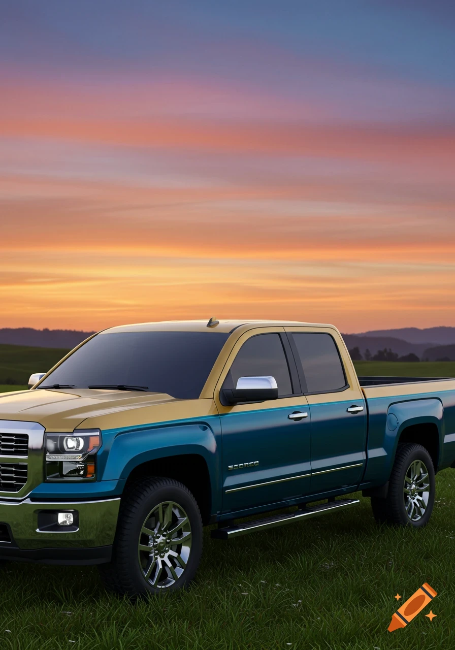 A two-tone golden tan and deep blue pickup truck parked in a green grassy field at sunset with an orange and blue sky.