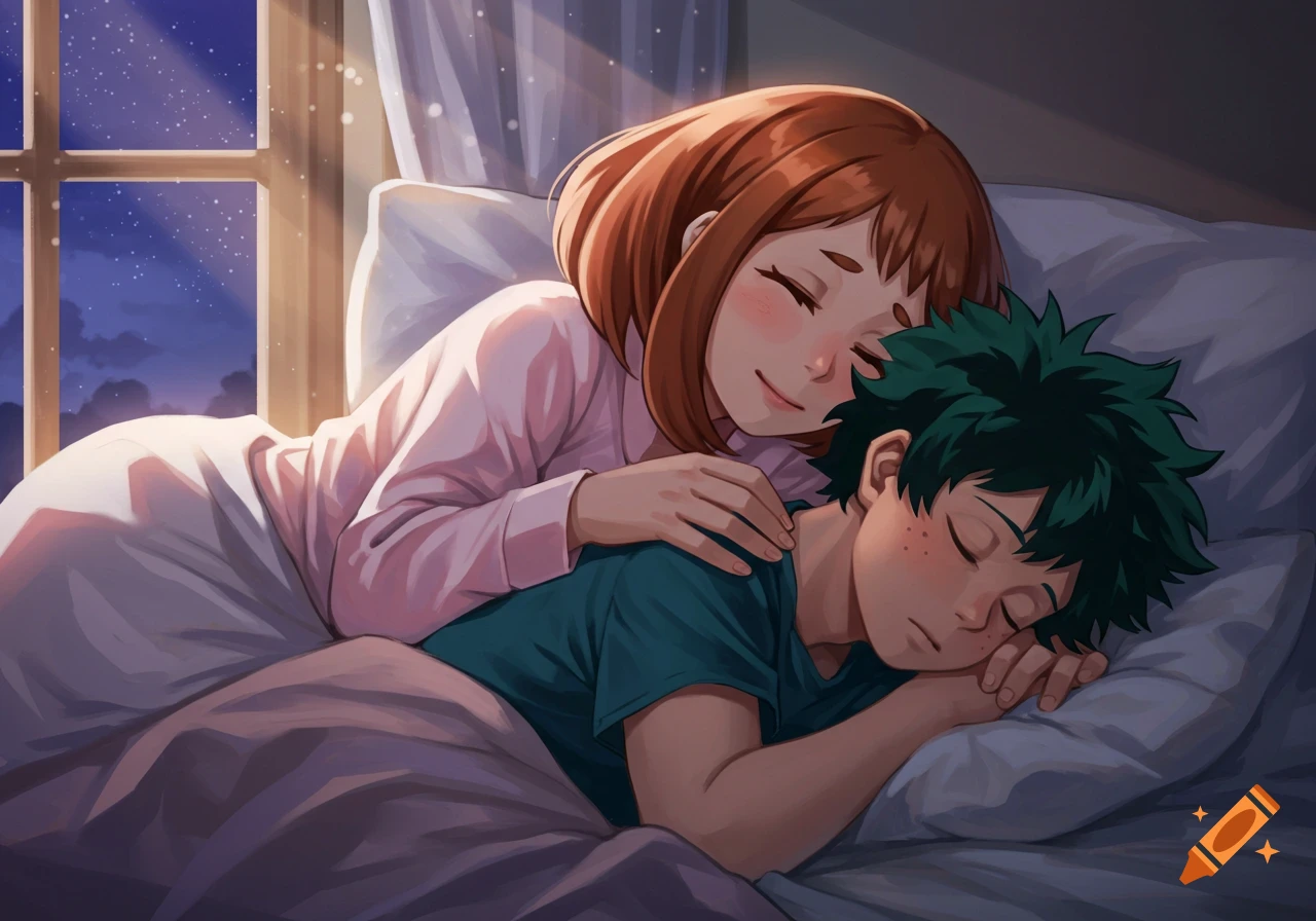 Anime style illustration of Ochaco Uraraka embracing Izuku Midoriya as they sleep peacefully in bed at night.