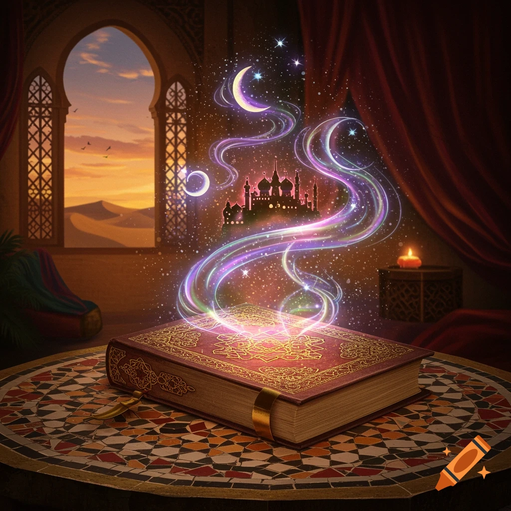 An ornate, magical Arabian-style book glows on a tiled table, emitting colorful wisps of light that form a crescent moon, stars, and a silhouetted palace, in a room with a window overlooking sand dunes at sunset.