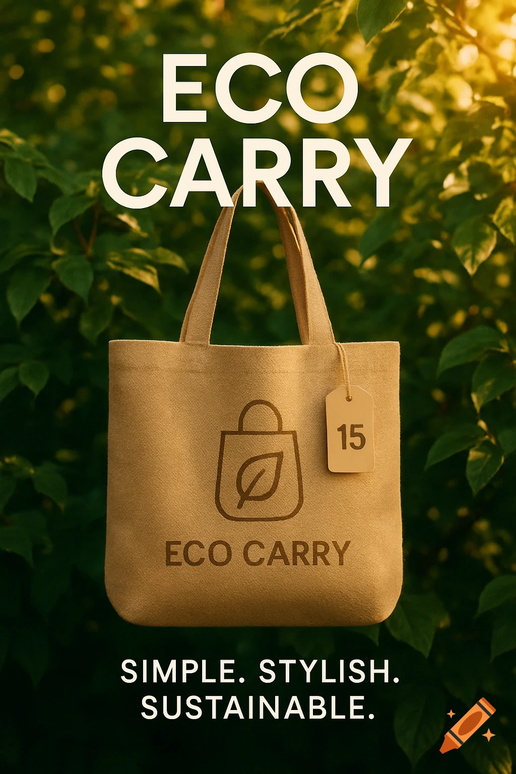 An eco-friendly tote bag featuring 'ECO CARRY' branding, a leaf-in-bag logo, and a tag with '15', against a green leafy background. Text reads 'SIMPLE. STYLISH. SUSTAINABLE.'.