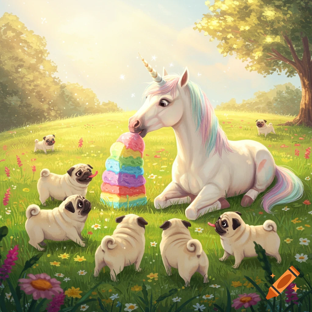 A whimsical illustration of a unicorn eating a rainbow ice cream stack surrounded by pugs in a sunny meadow.