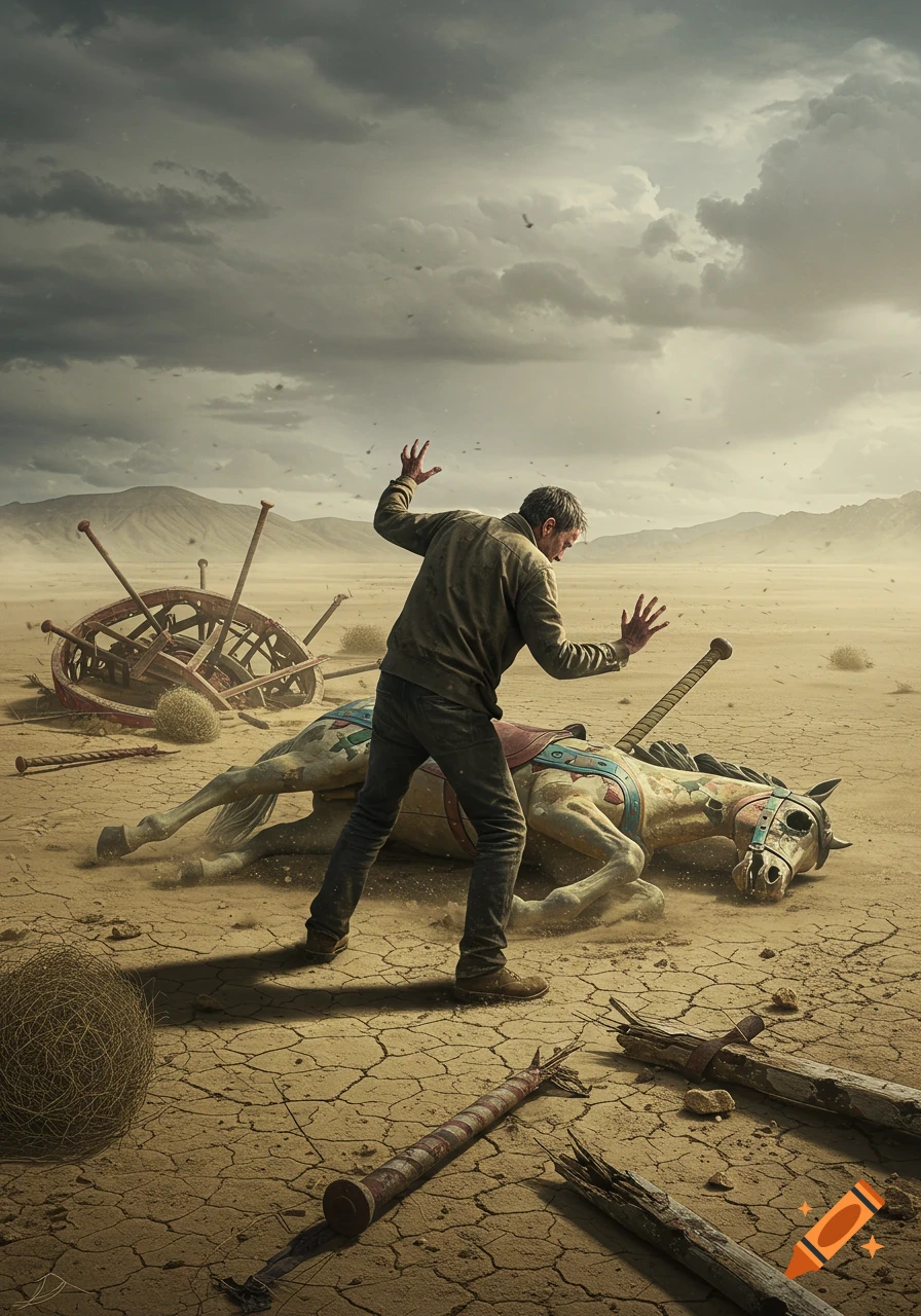 Man over a fallen carousel horse in a desolate, cracked desert under stormy skies, photorealistic style.