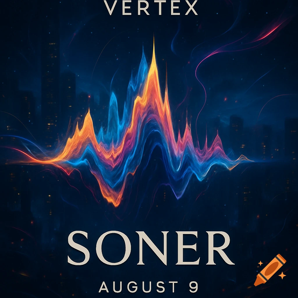 Abstract vibrant soundwave graphic over a dark city skyline with 'VERTEX', 'SONER', 'AUGUST 9' text.