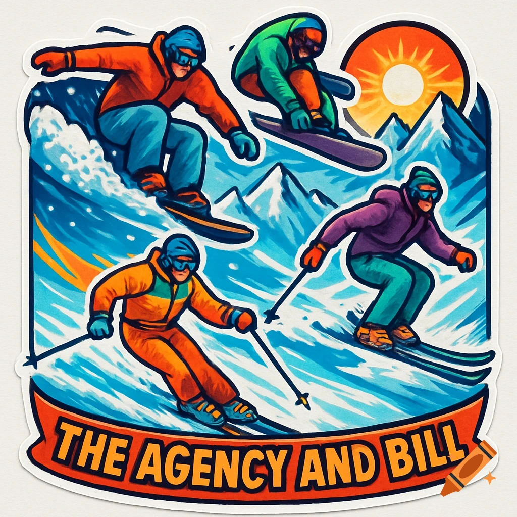 A vibrant sticker illustration of three snowboarders and one skier on snowy mountains under a sun, with text 'THE AGENCY AND BILL'.