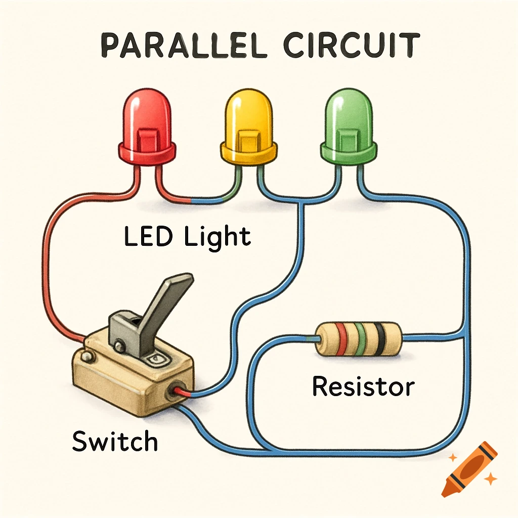 A clear illustration of a parallel circuit with red, yellow, and green LED lights, a switch, and a resistor, all labeled.