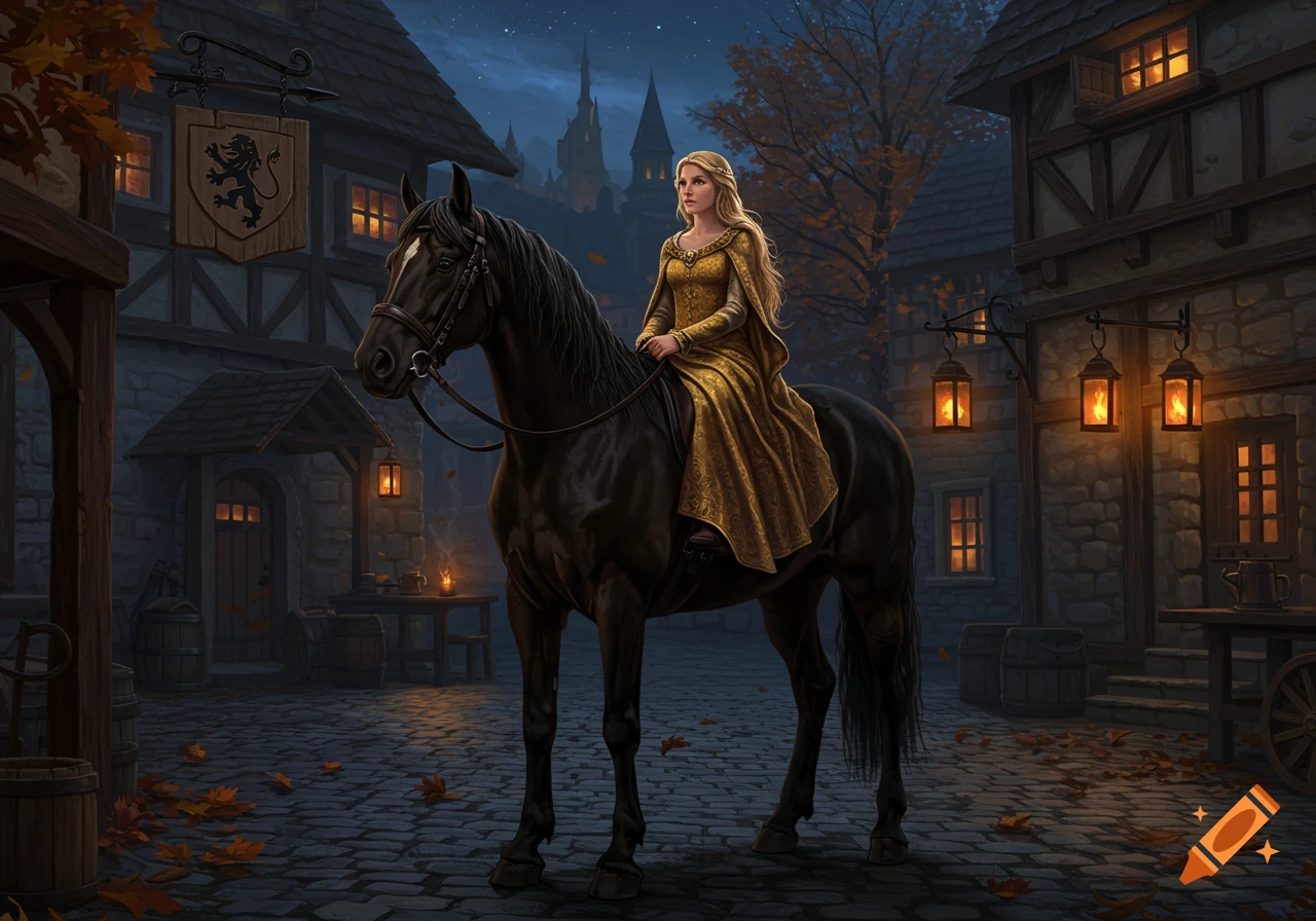 A blond woman in a golden dress on a black horse in a medieval village at dusk, with glowing lanterns.
