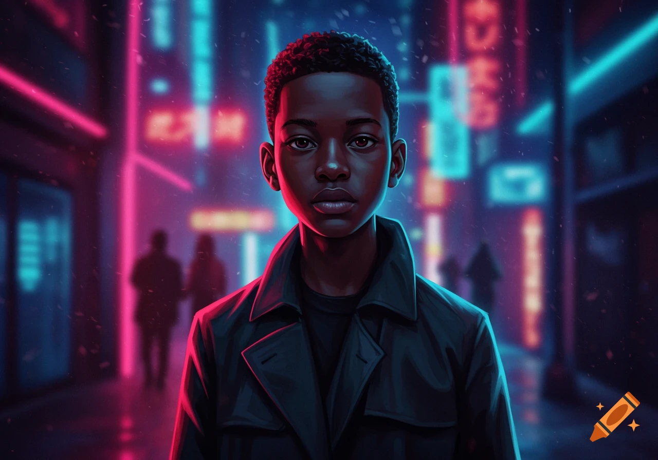 A stylized portrait of a young Black boy with short curly hair, wearing a black coat, standing in a neon-lit urban street at night.