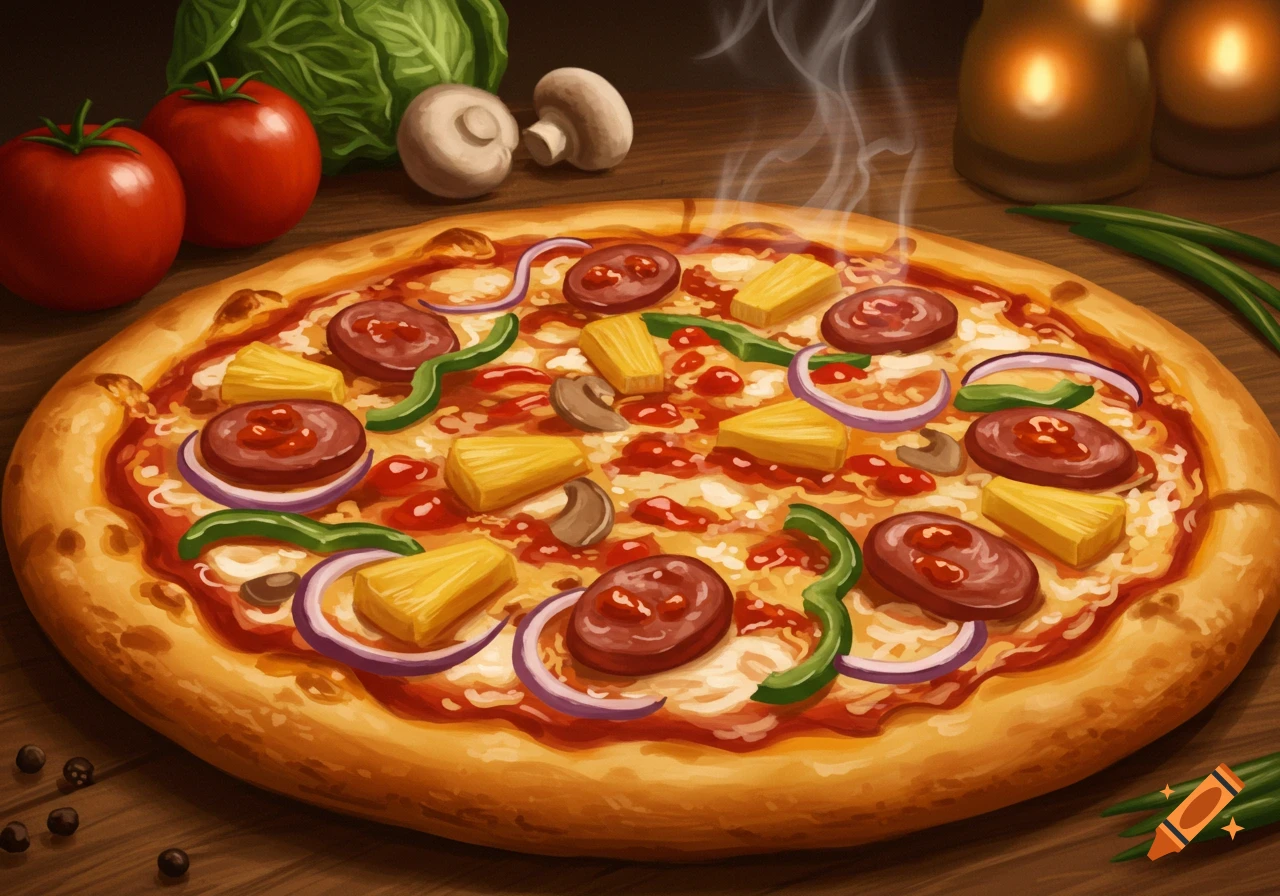 A top-down illustration of a hot pizza topped with sausage, pineapple, green peppers, red onions, and mushrooms on a wooden table.