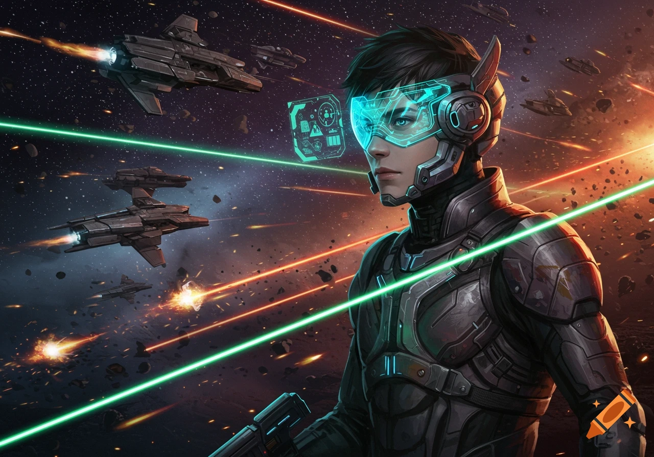 A futuristic space pilot in a helmet with a glowing visor, surrounded by spaceships firing lasers during a battle.