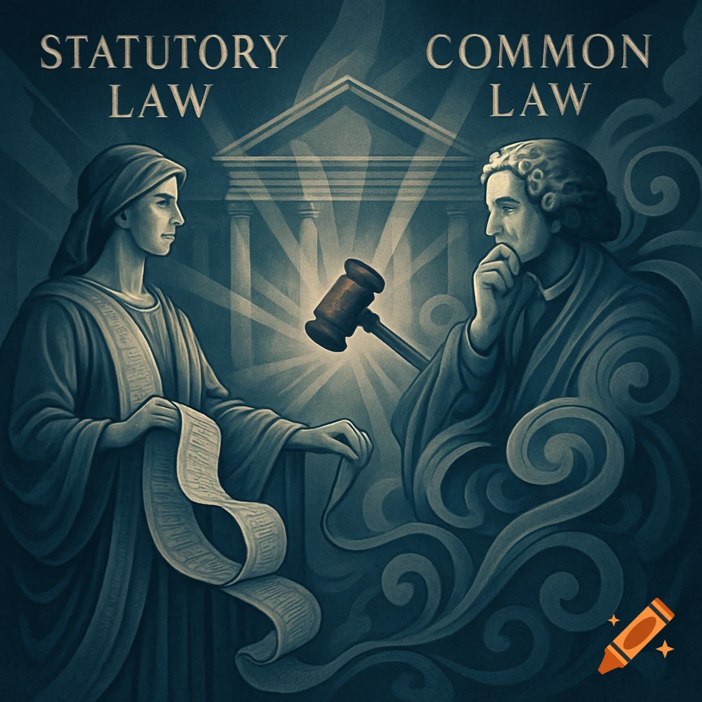 Allegorical illustration of Statutory Law and Common Law figures, with a gavel and courthouse in blue and sepia tones.