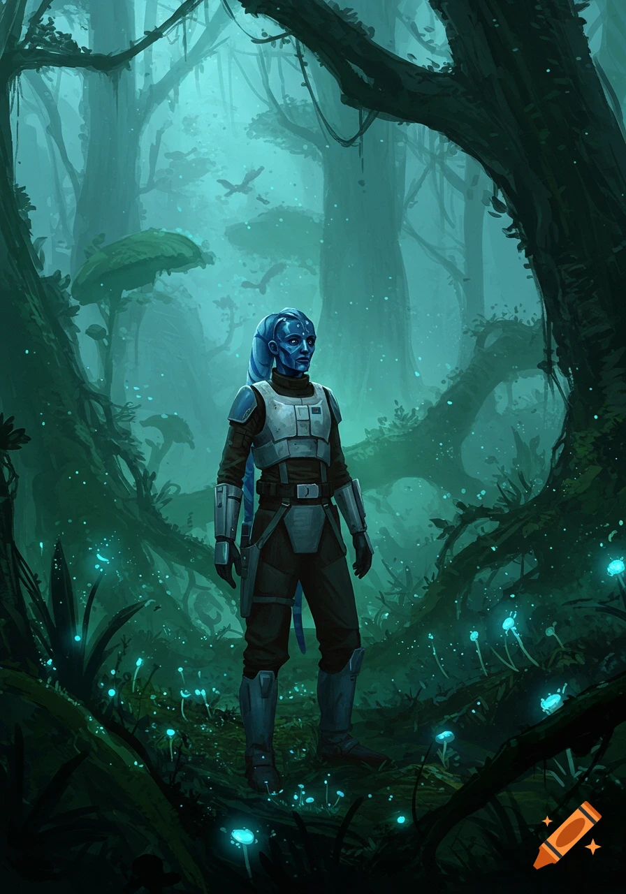 A blue-skinned alien scout in grey armor stands in a misty, bioluminescent forest.