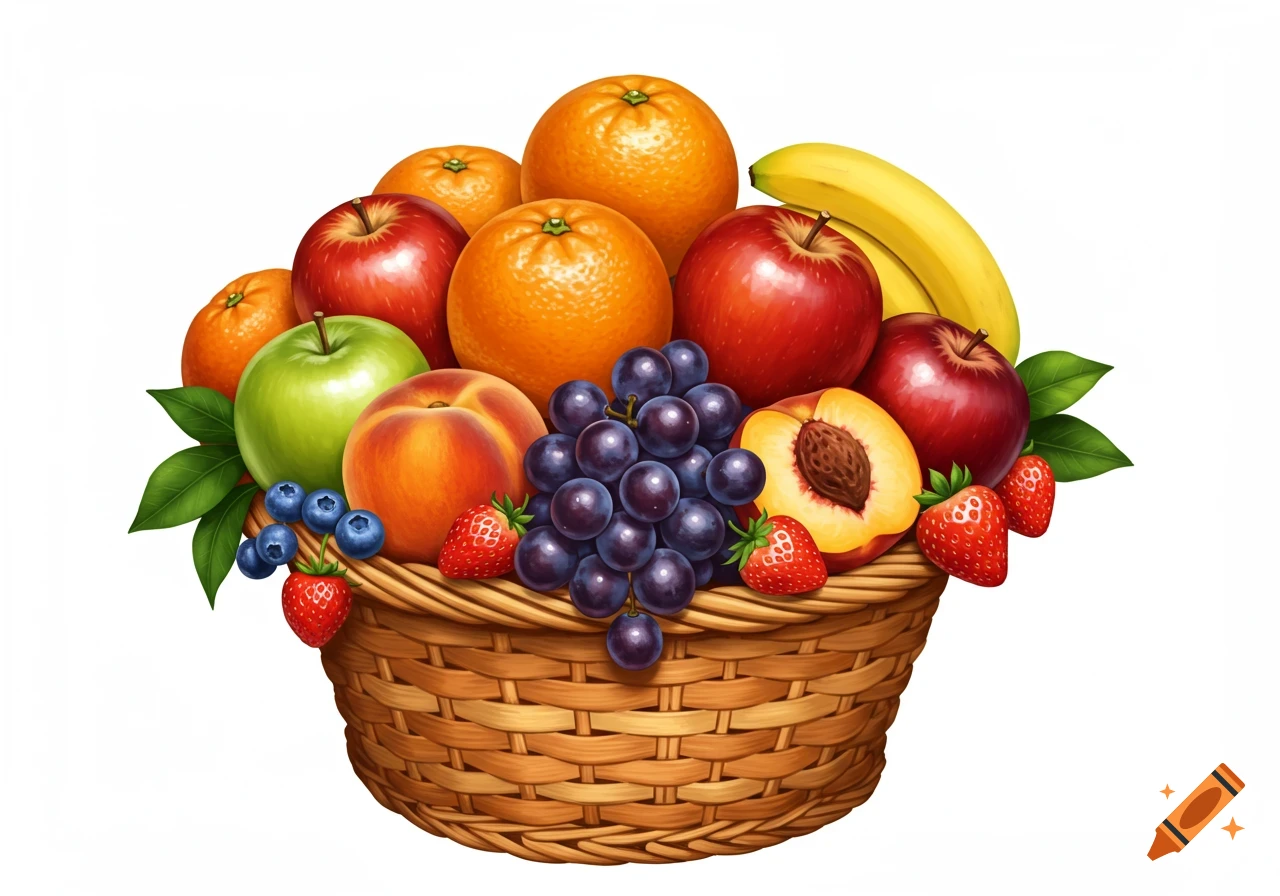 A colorful basket filled with various fruits like oranges, apples, bananas, grapes, peaches, strawberries, and blueberries on a white background.