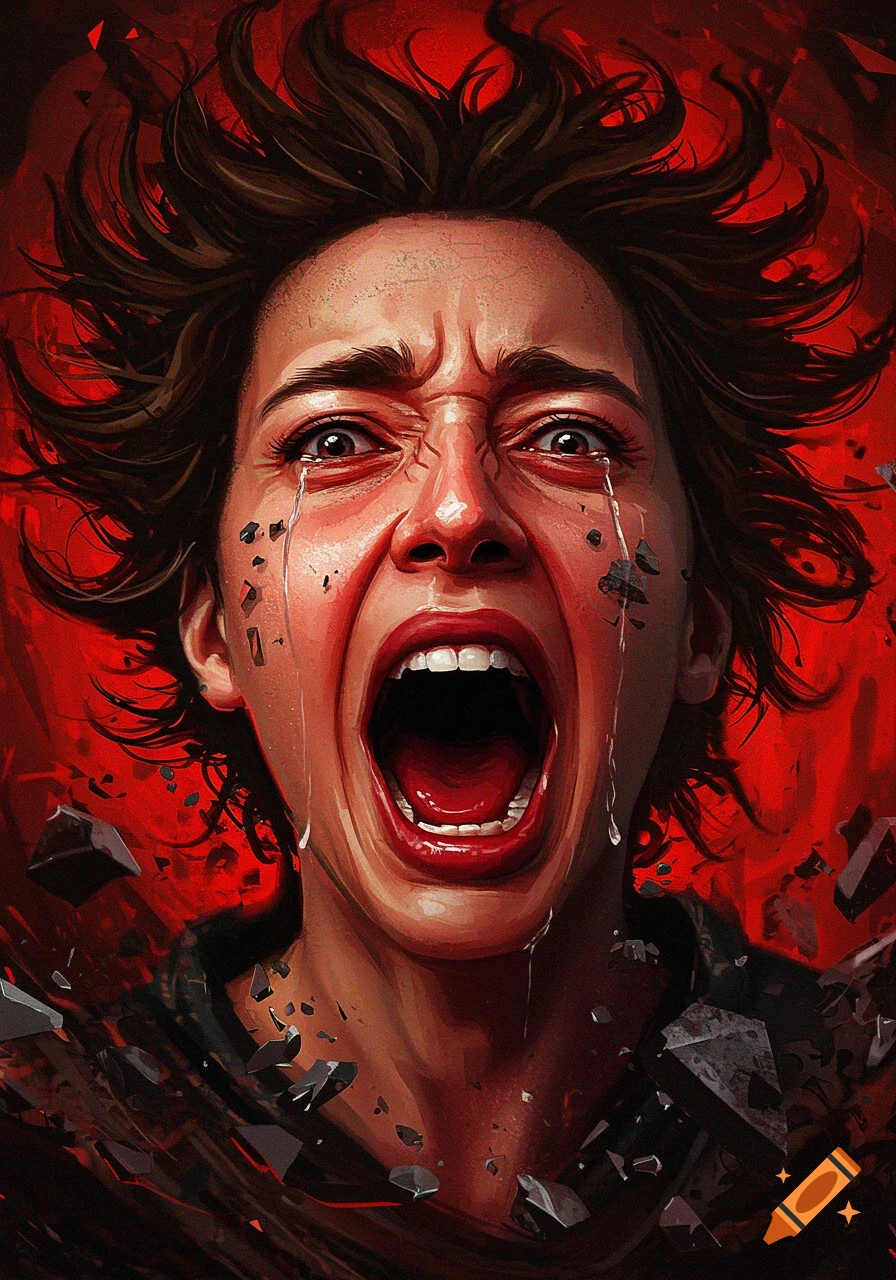 Close-up portrait of a person screaming with tears, surrounded by dark fragmented debris on a red background, in a dramatic artistic style.