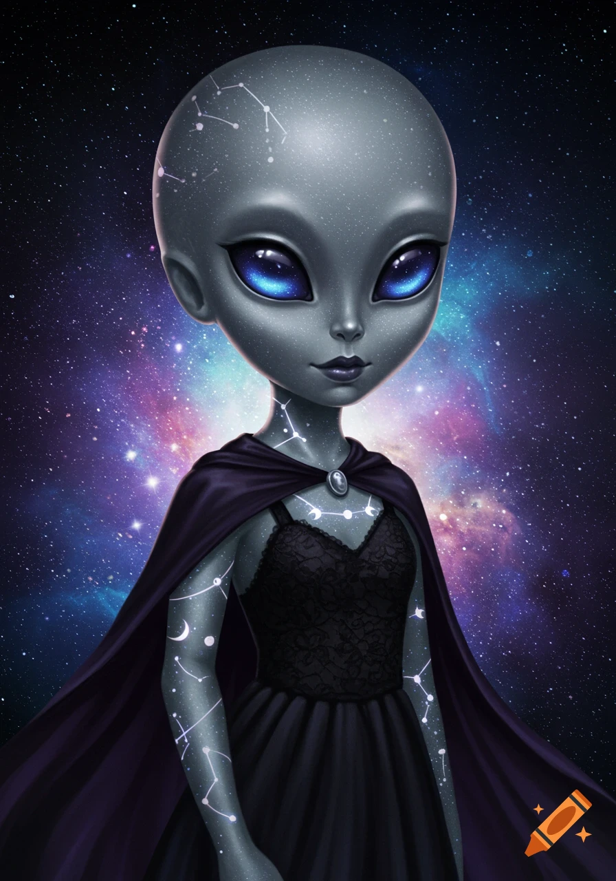 A stylized illustration of a grey alien goth girl with blue eyes and constellation markings, wearing a dark dress and cape against a vibrant galaxy background.
