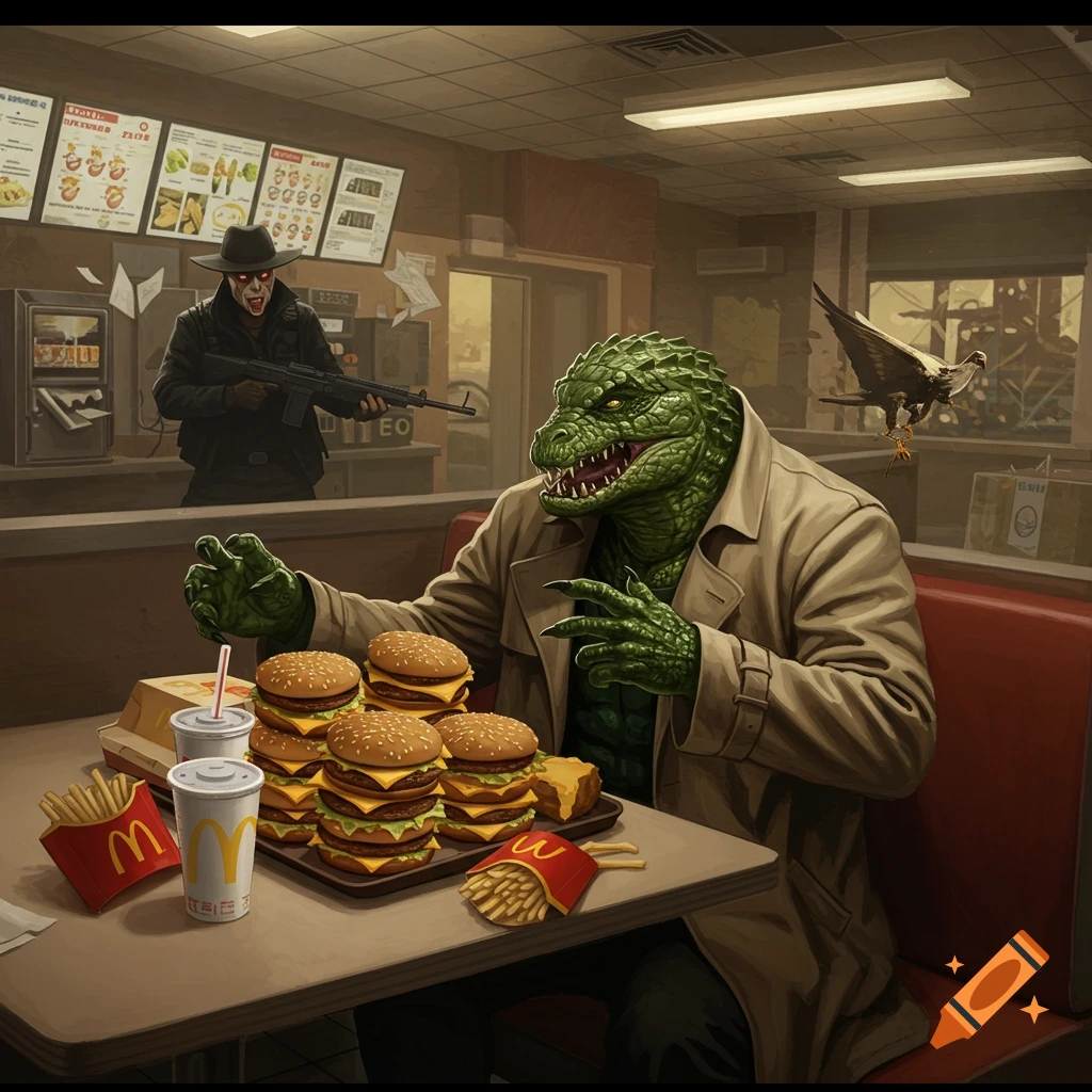 A reptilian humanoid in a trench coat sits at a fast-food table filled with burgers and fries, while a masked man with a rifle stands behind the counter. A bird is perched near a window.