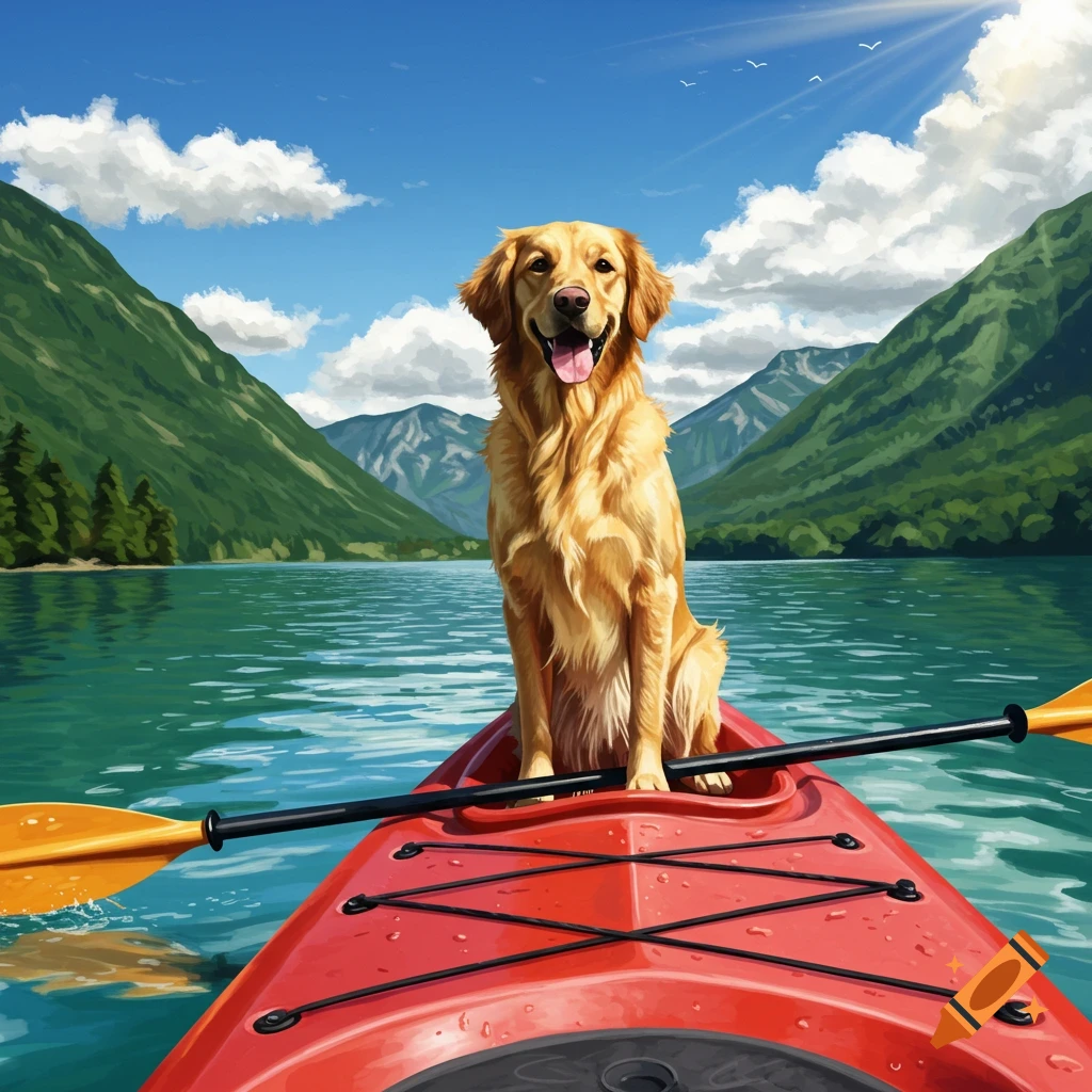 Golden retriever in a red kayak on a lake surrounded by green mountains under a blue sky. Illustration.