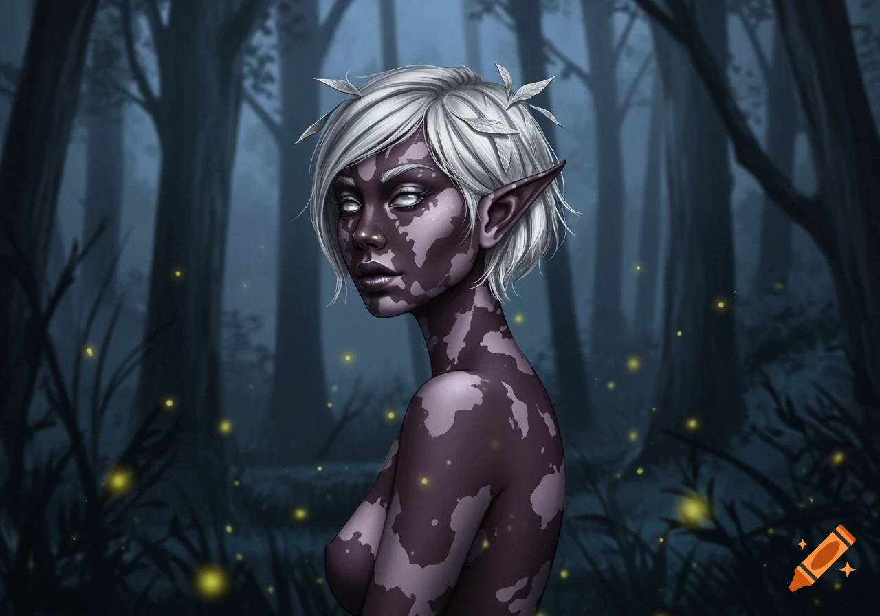 Fantasy portrait of an elf woman with dark purple and white mottled skin, short white hair, and silver eyes, in a dark, glowing forest.