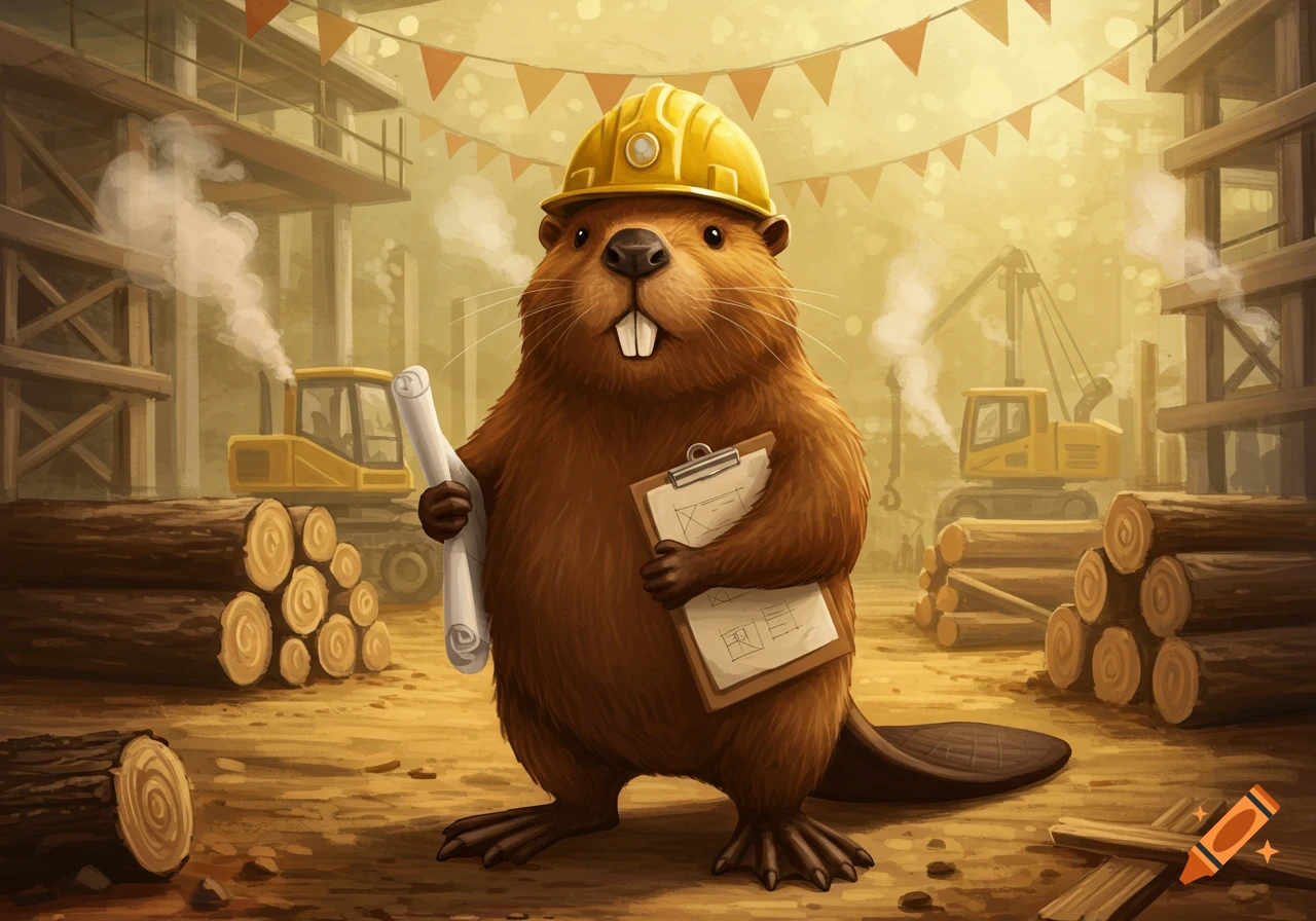 A cartoon beaver in a yellow hard hat holds blueprints and a clipboard at a dusty construction site with logs and machinery.