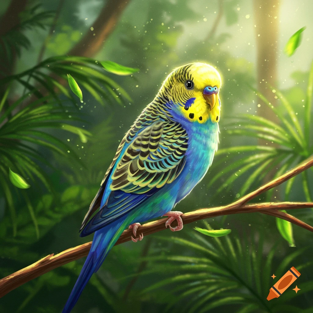 A vibrant blue and yellow budgie perches on a branch in a lush, sunlit jungle with green foliage and falling leaves.