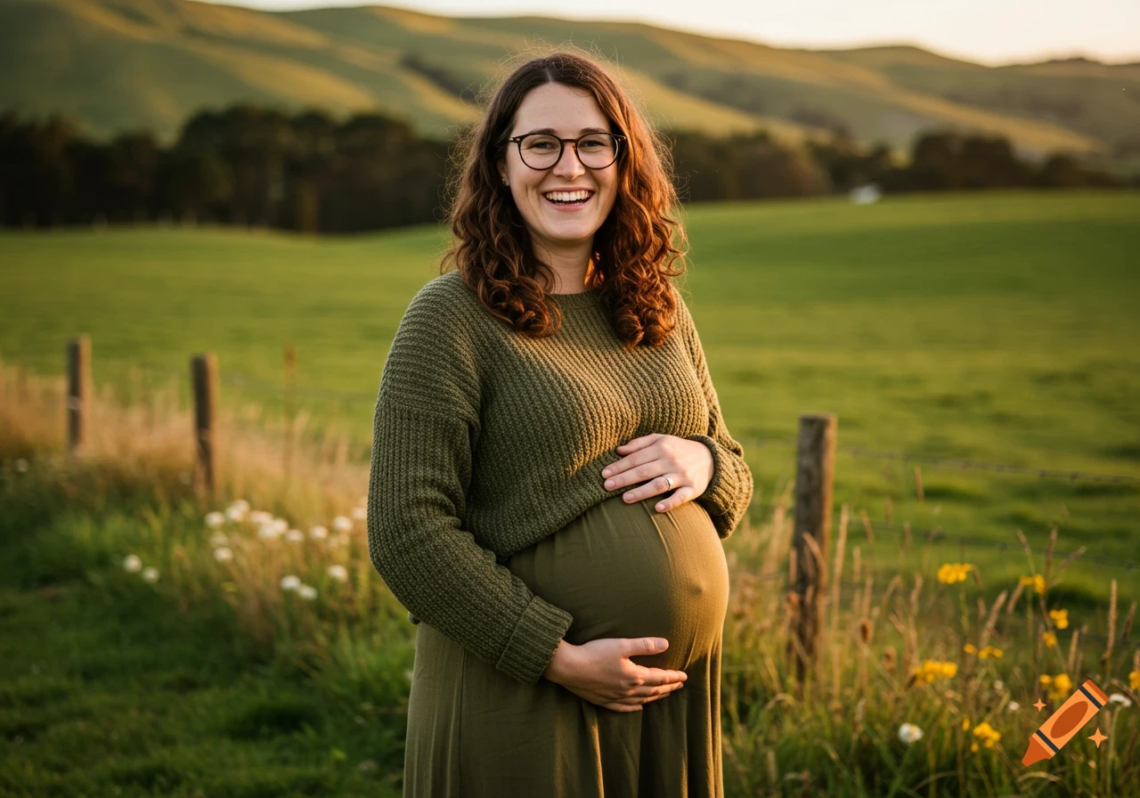 A smiling pregnant woman in a green sweater and dress stands in a sunny green field with hills in the background, holding her belly.